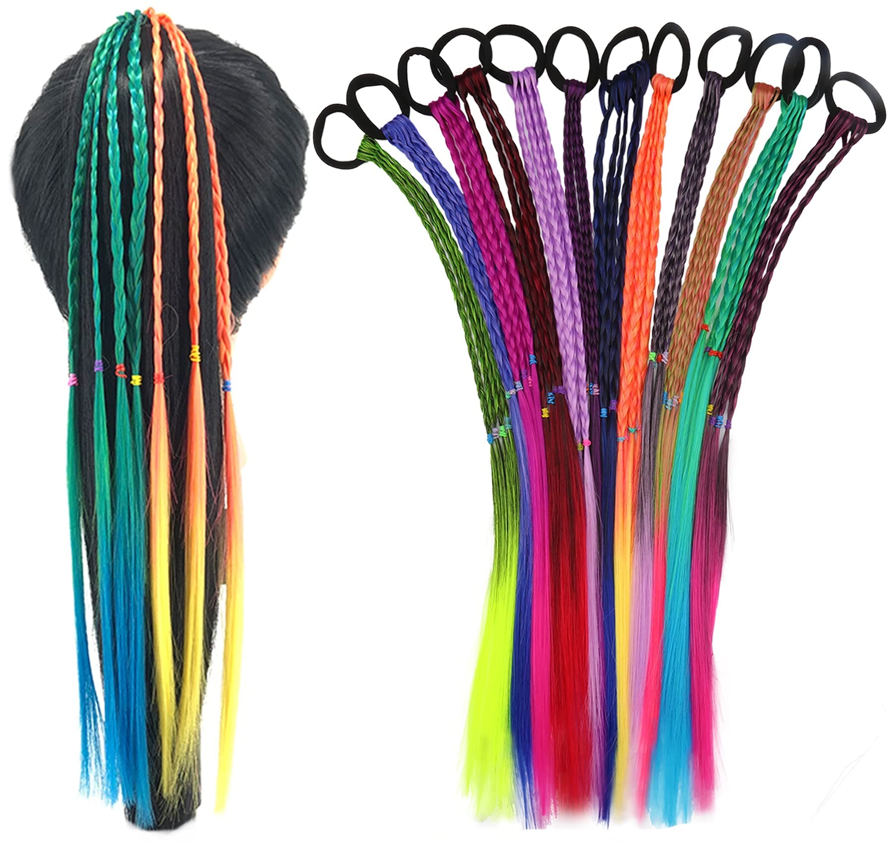 12 Pieces Colored Braids Hair Extensions with Rubber Bands Rainbow Braided Synthetic Hairpieces Ponytail Hair Accessories for Women Kids Girls Party Highlights Cosplay Dress Up