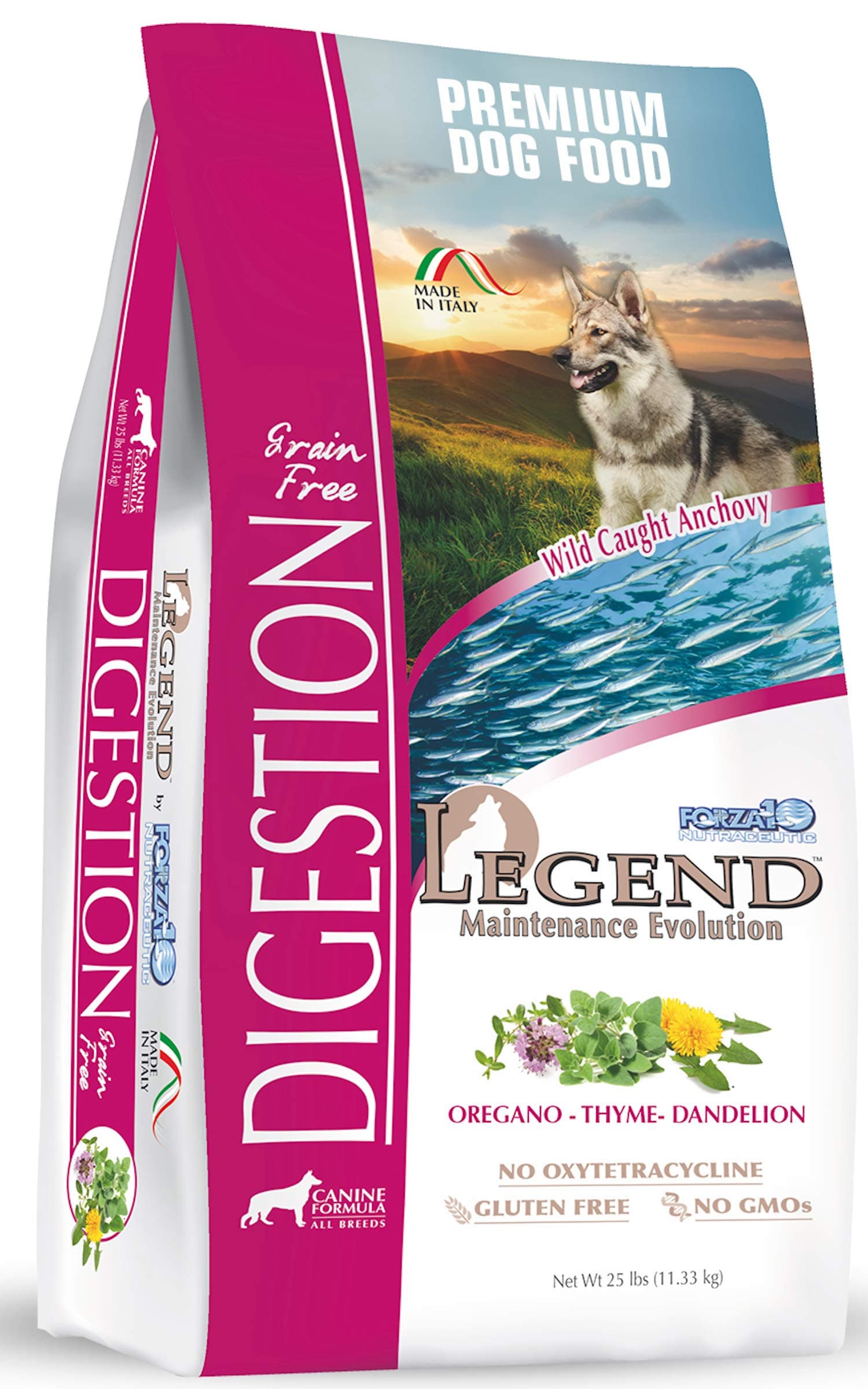 Forza10Legend Digestion Dry Grain Free Dog Food, Sensitive Stomach Dog Food with Curative Herbs, 25 Pounds, Premium Quality Wild Caught Anchovy Flavor, for Adult Dogs, All Breeds