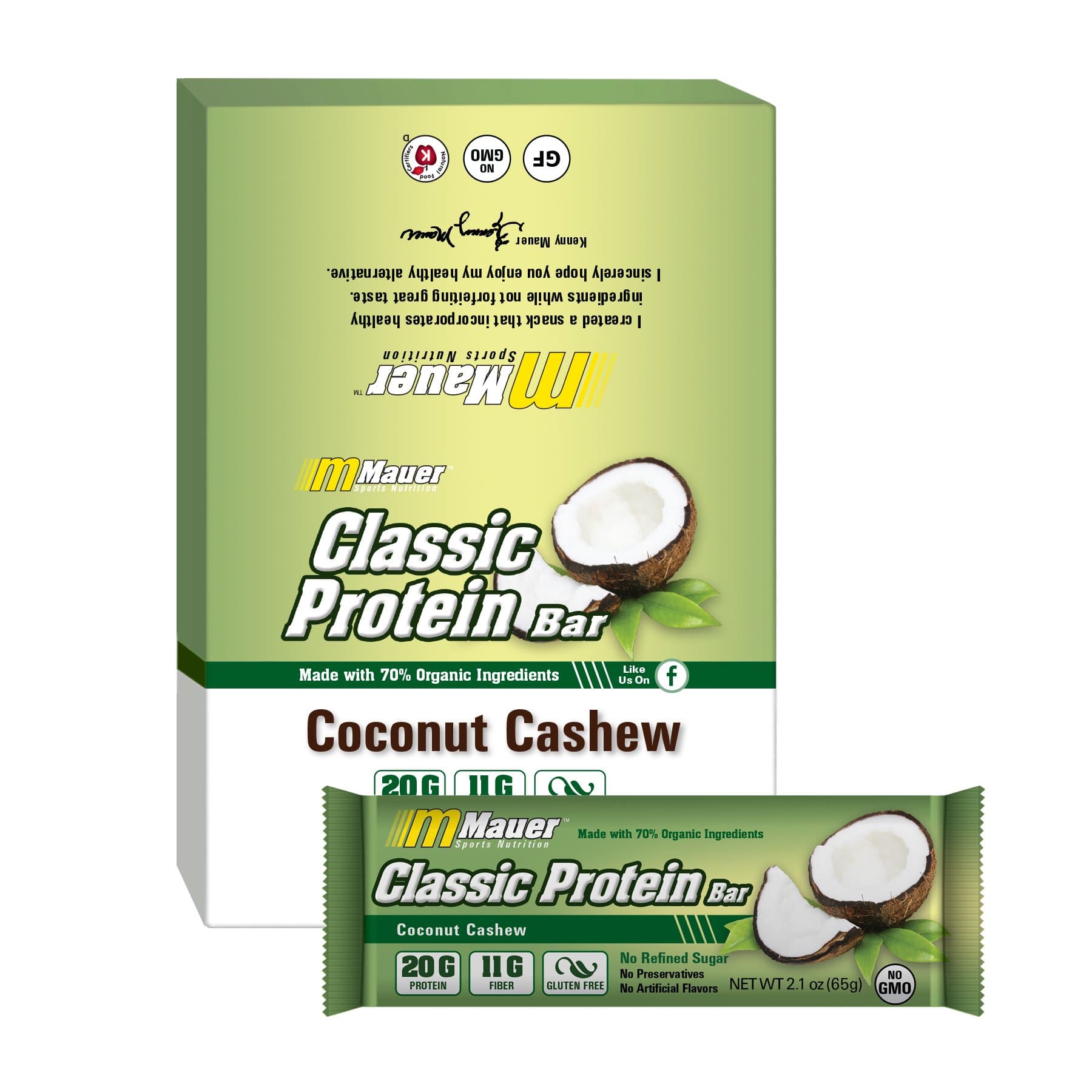 Mauer Sports Nutrition Classic Protein Bar, Coconut Cashew (65g), 19g Protein, 12-count