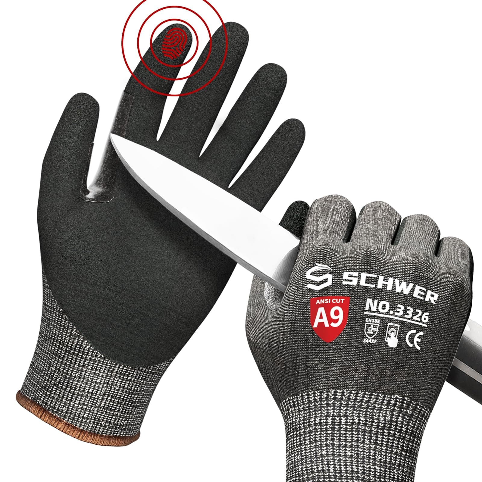 Schwer Highest Level Cut Resistant Work Gloves for Extreme Protection, ANSI A9 Working Gloves with Sandy Nitrile Coated, Touch-screen, Compatible, Durable, Machine Washable, Black 1 Pair(M)