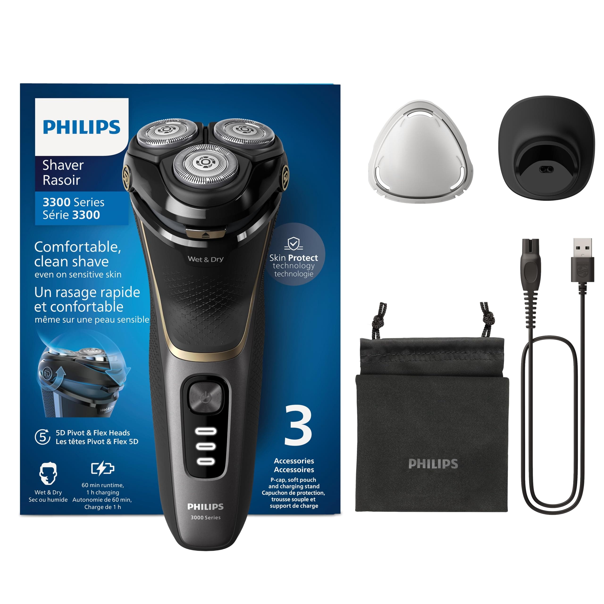 Philips Electric Shaver 3000 Series - Wet & Dry Electric Shaver for Men with SkinProtect Technology in Deep Black, Pop-up Beard Trimmer, Charging Stand, Travel Pouch (Model S3342/13)