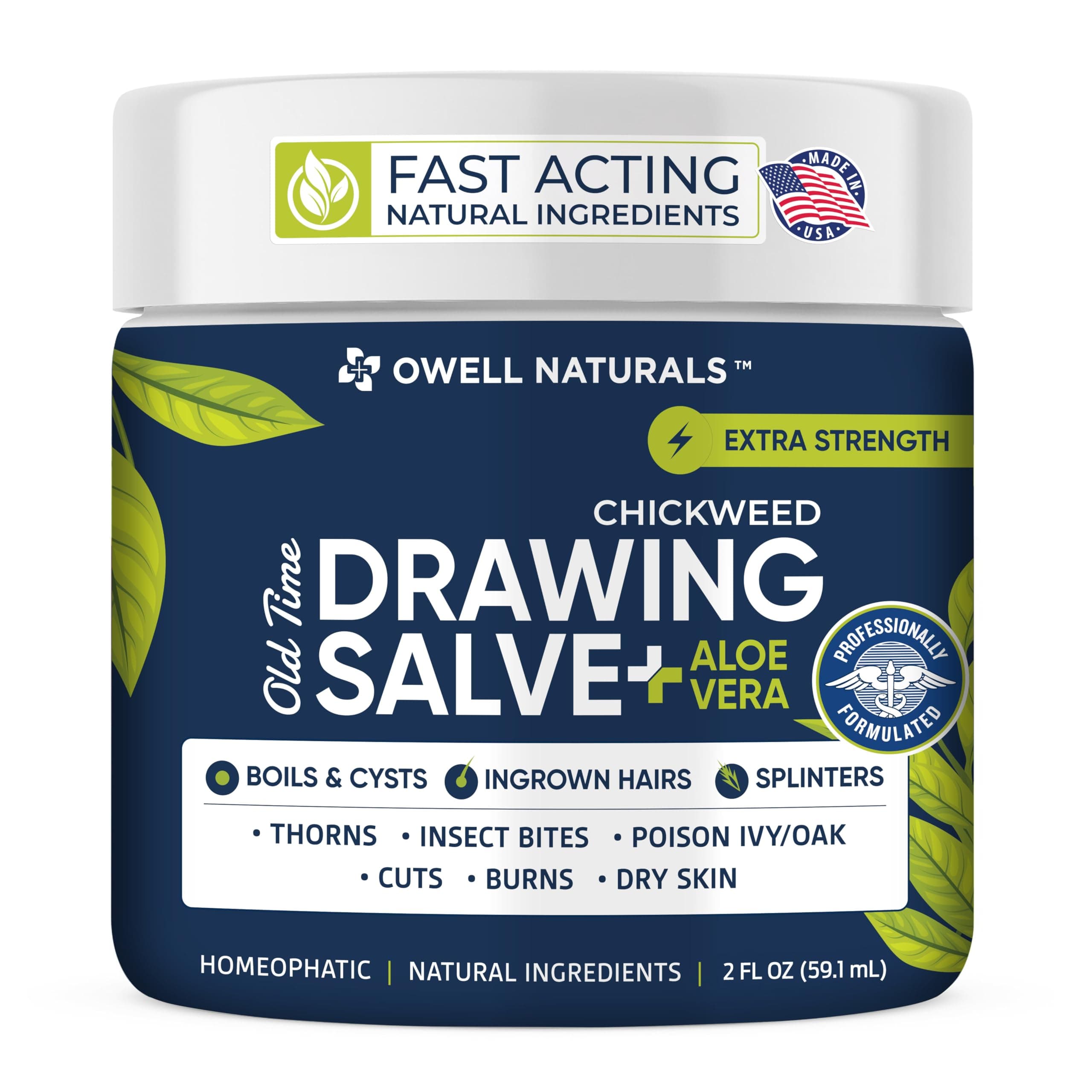 OWELL Naturals Chickweed Drawing Salve Aloe Vera, Multipurpose Ointment for Boil Removal, Bump, Cyst, Splinters, Poison Ivy, Skin Irritations, Burns, Minor Cuts, Dry Skin, Mosquito Itching, 2 oz
