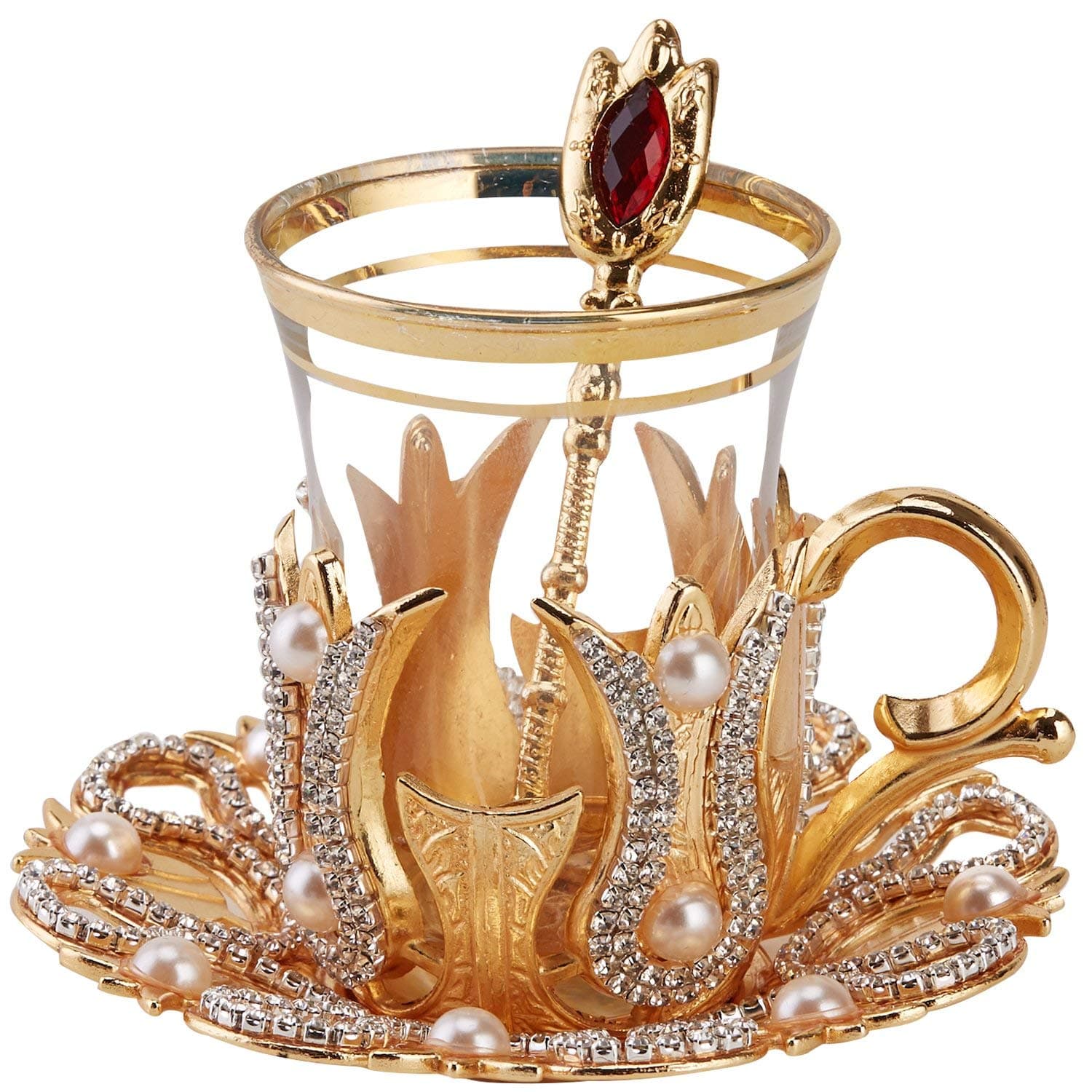 DEMMEX Turkish Tea & Coffee Glass Set with Crystal-Decorated Holders, Saucers & Spoons – Handmade 6-Piece Serving Set, 100 ml Cups (Gold)
