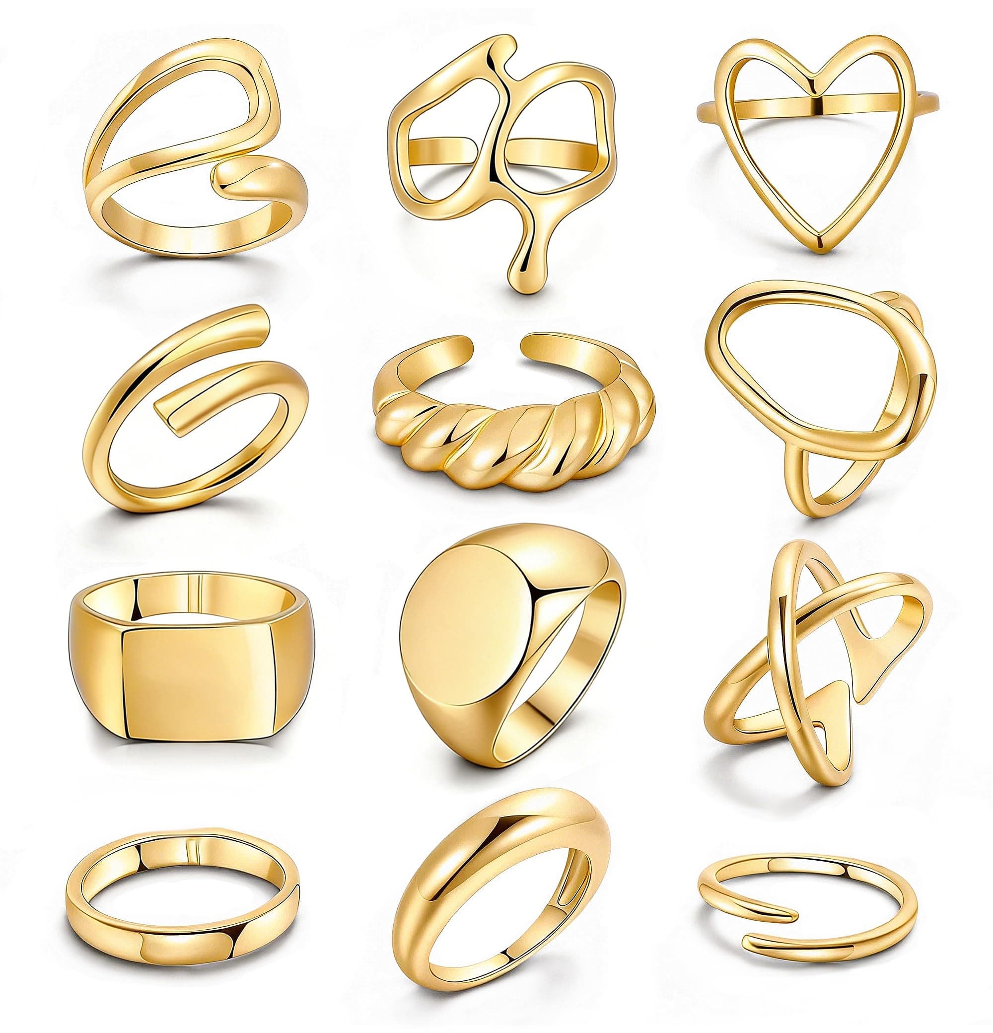 12PCS Gold Stackable Rings Set for Women, 18K Gold Plated Open Stacking Knuckle Ring, Adjustable Chunky Signet Band Statement Ring for Gift