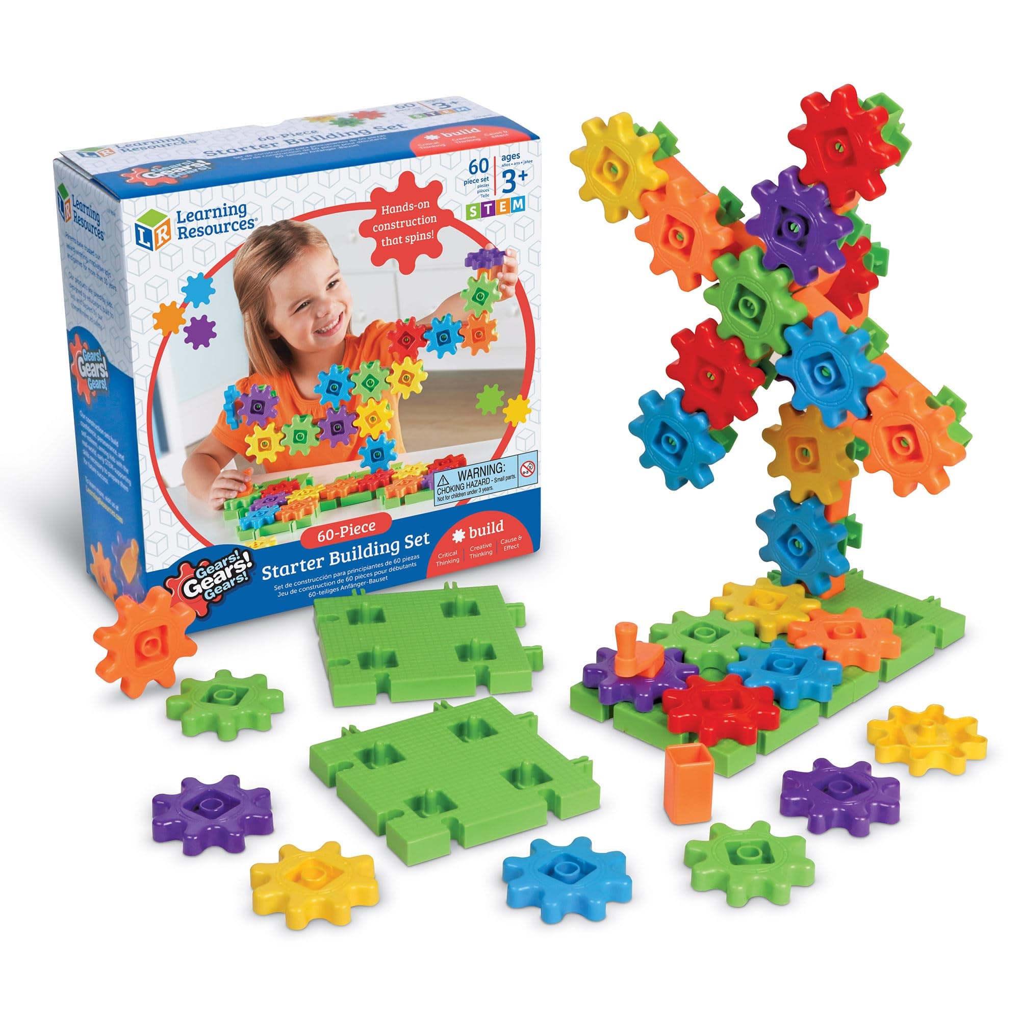 – Learning Resources Starter Building Blocks Set, 60-Piece, Multicolor, Ages 3+, Includes 28 Gears, 14 Pillars, 13 Axles, 4 Bases, Handle, Activity Guide