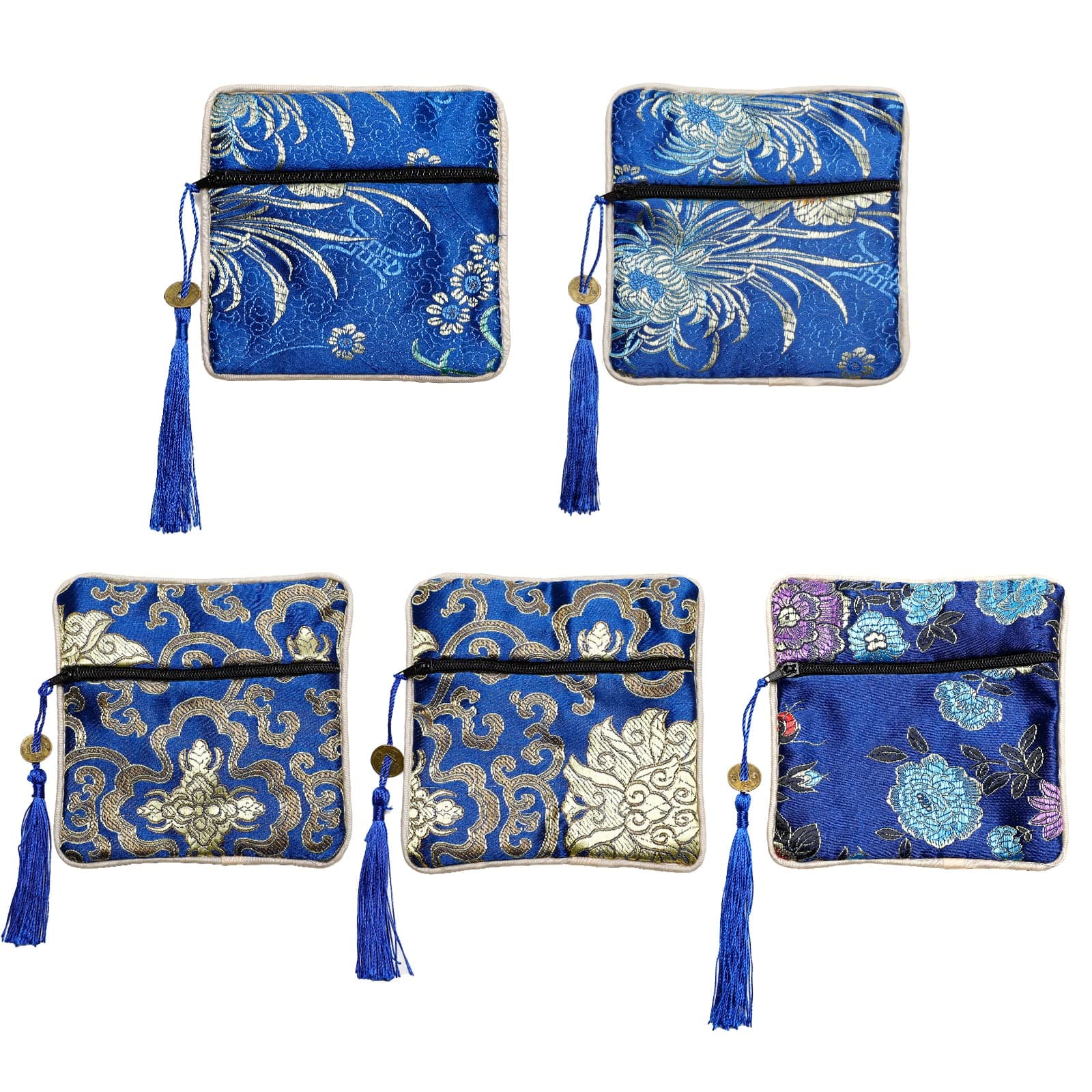 5PCS Jewelry Silk Purse Pouch, Chinese Silk Style Zipper Brocade Embroidered Bag for Women Coin Wallet (Deep Blue)