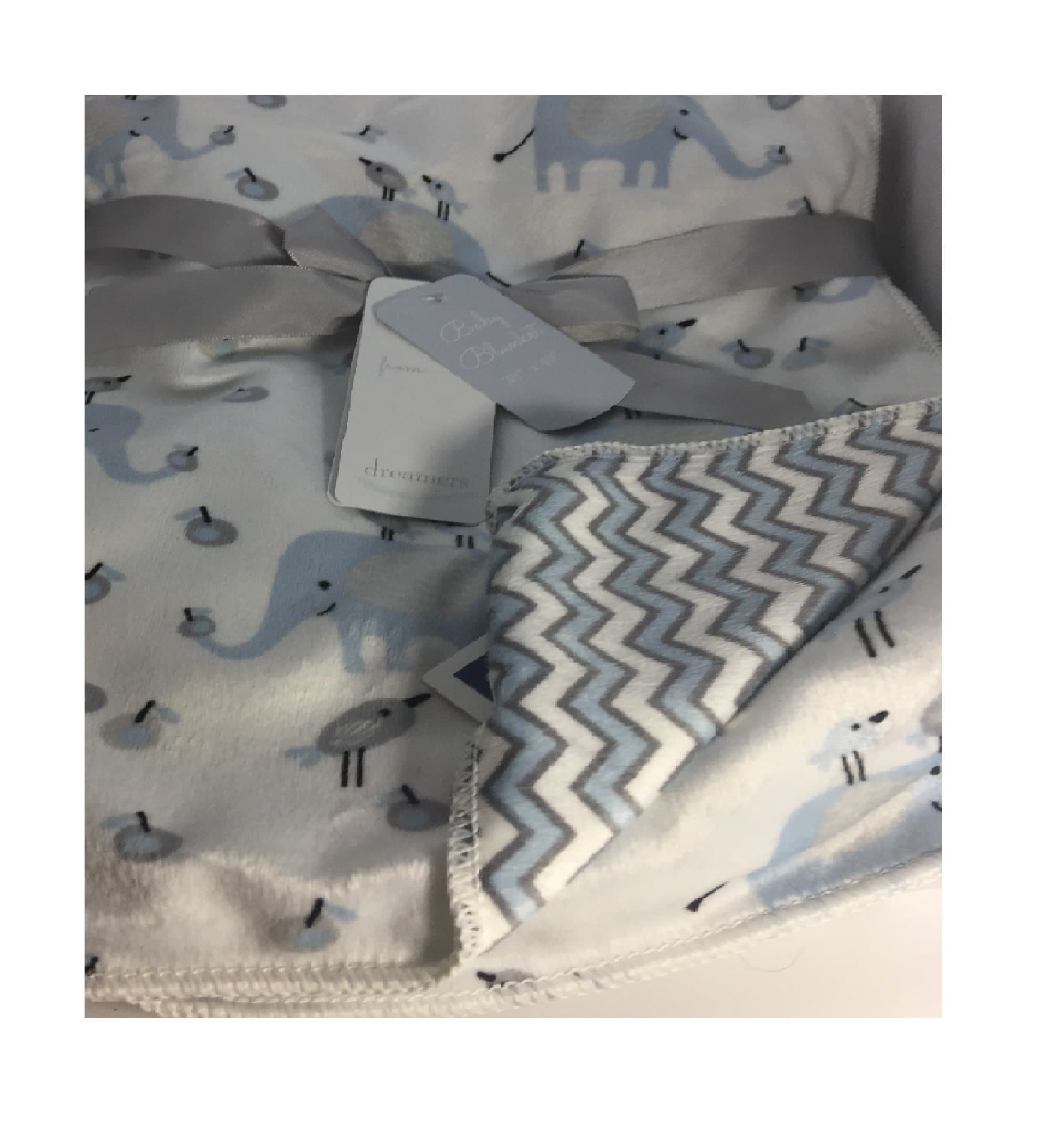 dreamers Plush Baby Blanket 30in X 40in - Reversible Elephant Bird Blue/Chevron