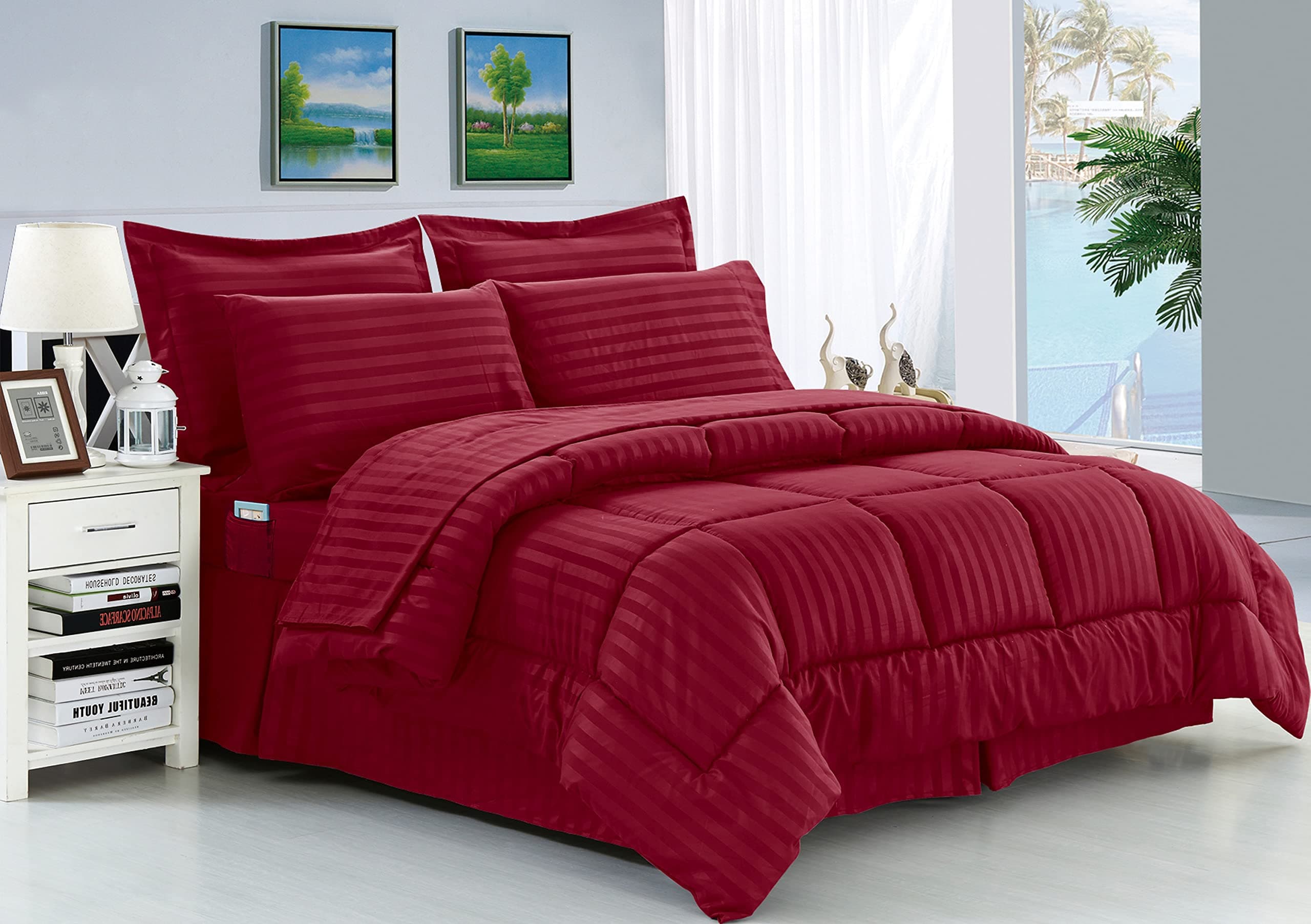Elegant Comfort Wrinkle Resistant - Silky Soft Dobby Stripe Bed-in-a-Bag 8-Piece Comforter Set - Full/Queen, Burgundy