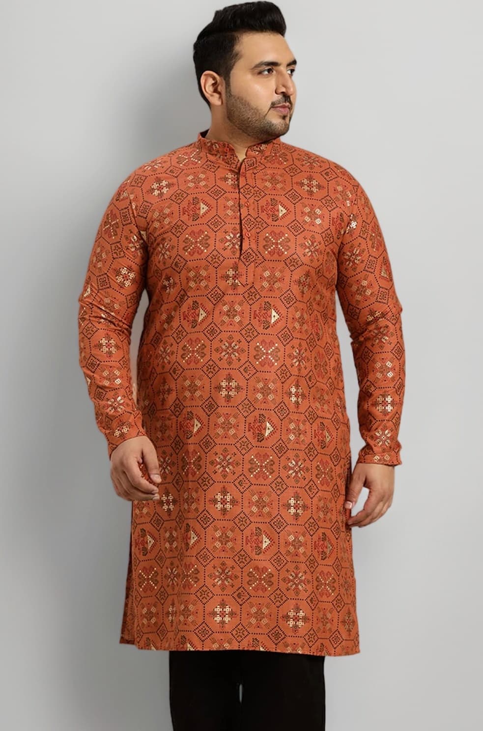 SOJANYA Plus (Since 1958) Men’s Cotton Linen Long Kurta | Ethnic Motif Printed for Navratri, Garba & Puja