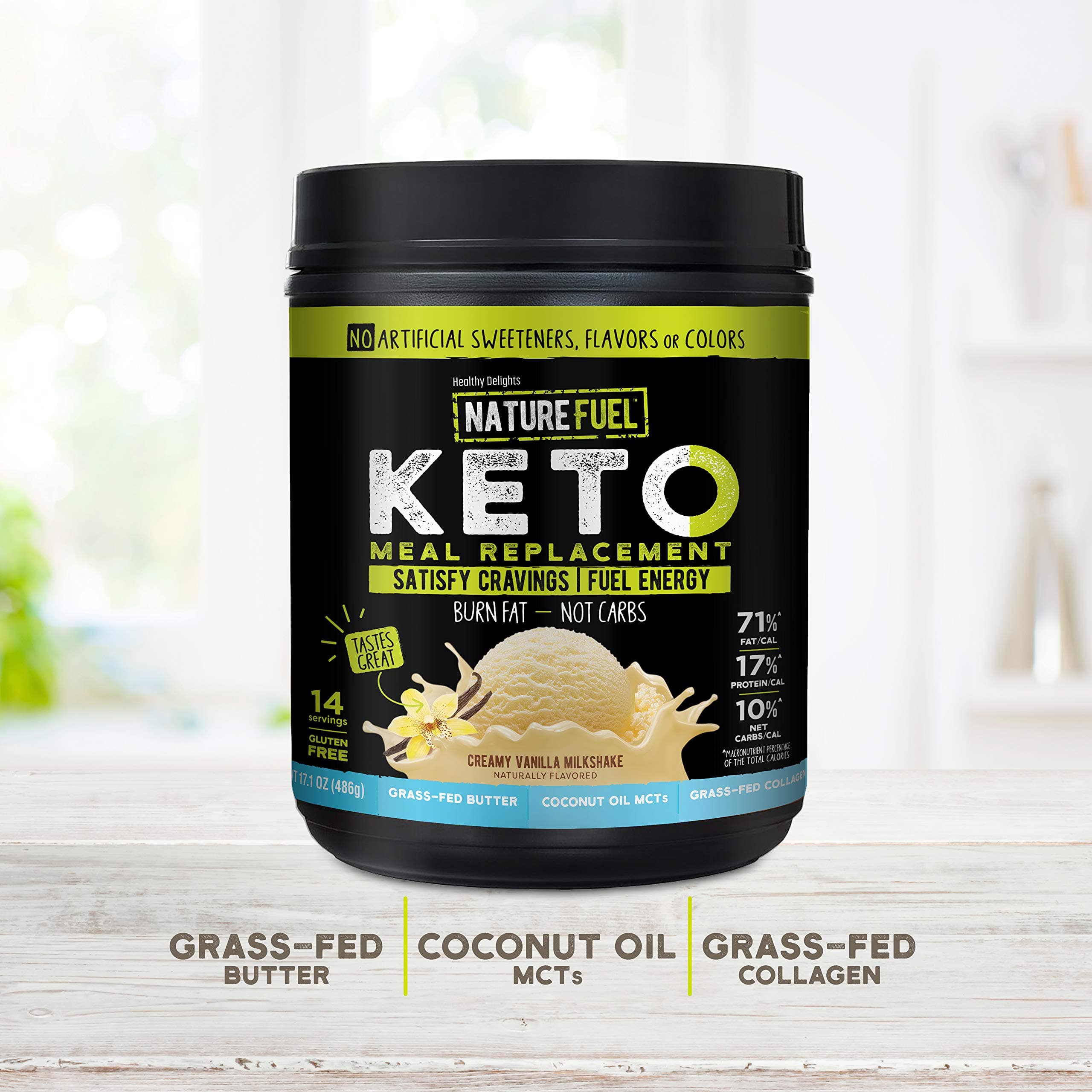 Nature Fuel Keto Meal Replacement Powder - Gluten Free with Coconut Oil MCTs and Grass-Fed Butter - Creamy Vanilla Milkshake - 14 Servings - Pantry Friendly, 17.1 Fl Oz