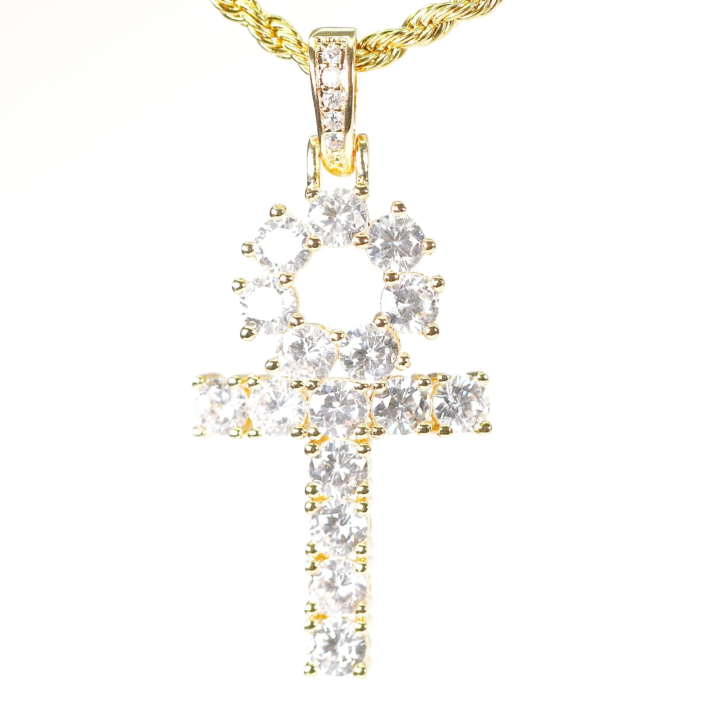 Iced Out Lab Diamond Gold Ankh Cross Pendant Necklace
