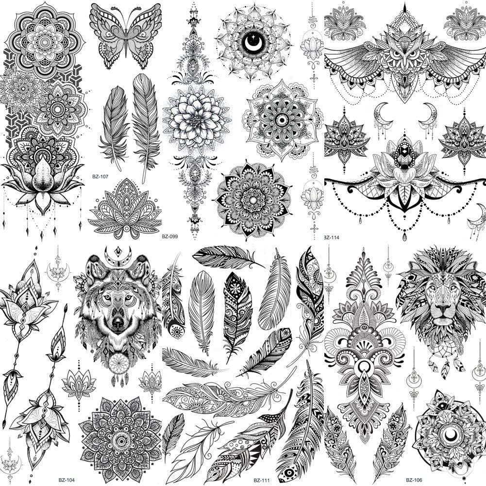 COKTAK 6 Pieces/Lot Unique Black Henna Temporary Tattoo Stickers For Adults Women Girls Feather Mandala Flower Body Art Large Big Arm Tattoos Sheet Lace Indian Mehndi Sexy Wedding Tatoos Paper OWL