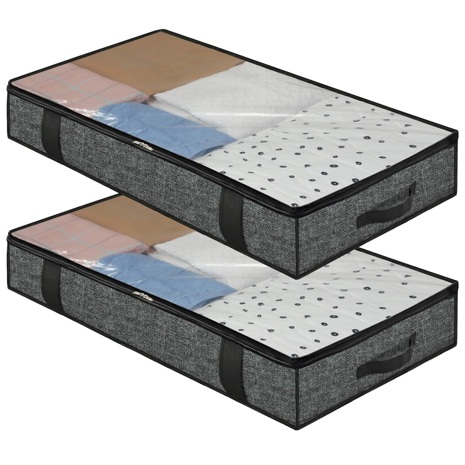 homyfort Pack of 2 Heavy Duty Extra Large Clothes Blanket Bags with Clear Window, Foldable Fabric Underbed Storage Bag with 4 Reinforced Handles, 100 x 50 x 15 cm, Black Linen-like, XAUBBP2