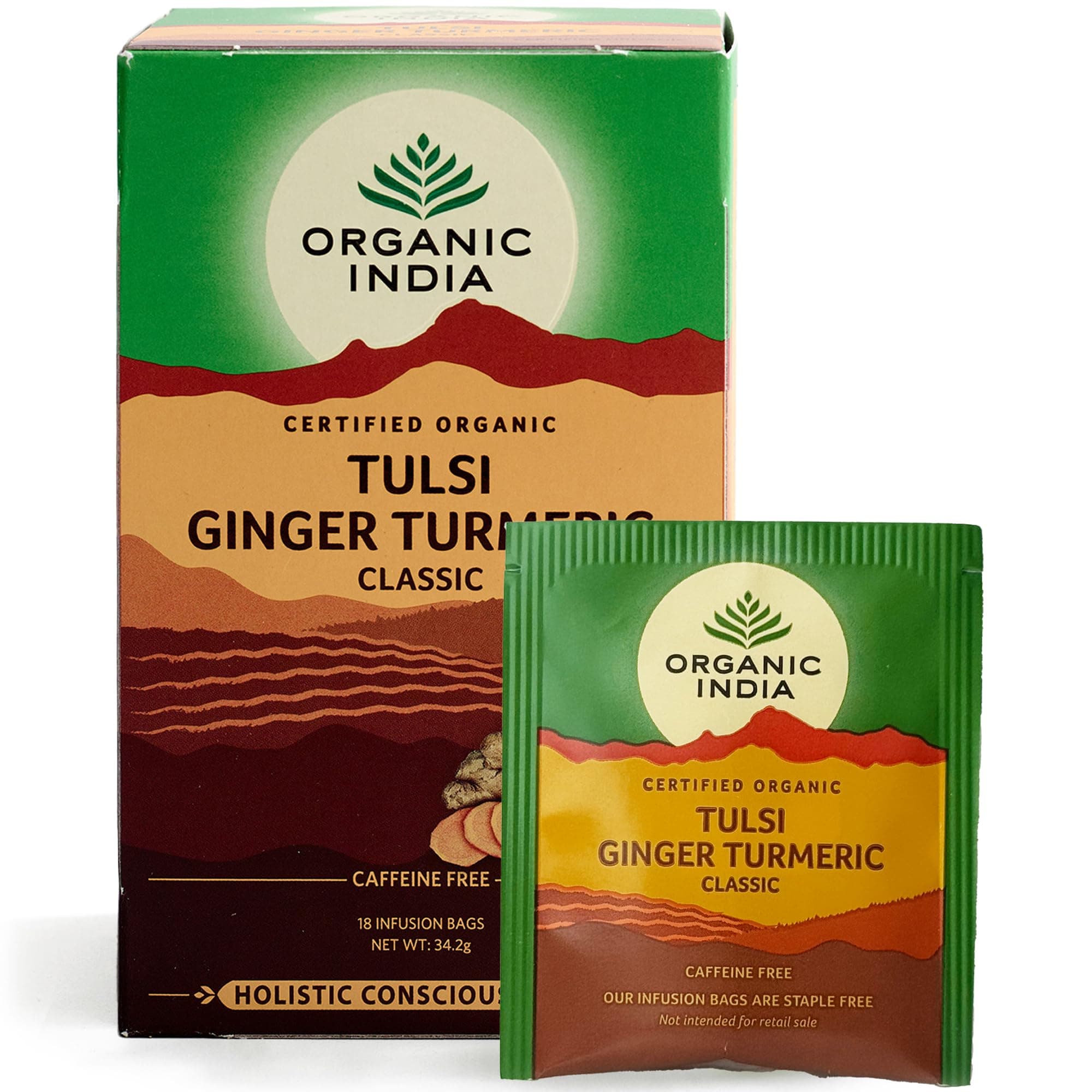 Tulsi Ginger Turmeric Tea - Organic Tulsi, Ginger & Turmeric Infusion - Bold Warming Herbal Blend with Earthy Spice - Caffeine-Free for Daily Vitality - 18 Individually Wrapped Tea Bags