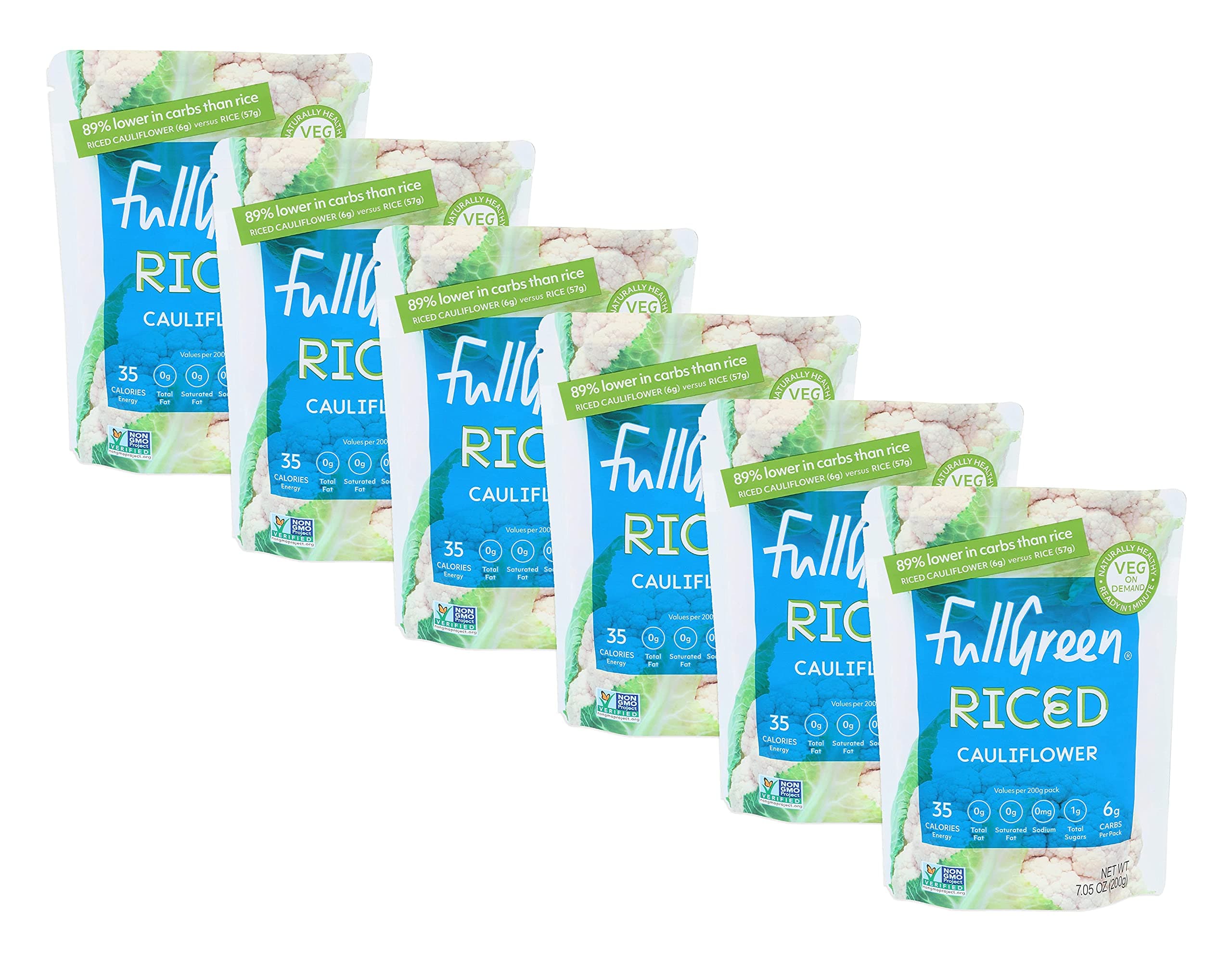 Fullgreen Cauliflower Rice - Low-Carb & Low-Cal Cauliflower Rice - 89% Less Carbs Than Rice - Vegan, Gluten/Grain Free & Non GMO - Heat & Eat in Minutes - Includes 6 Pouches