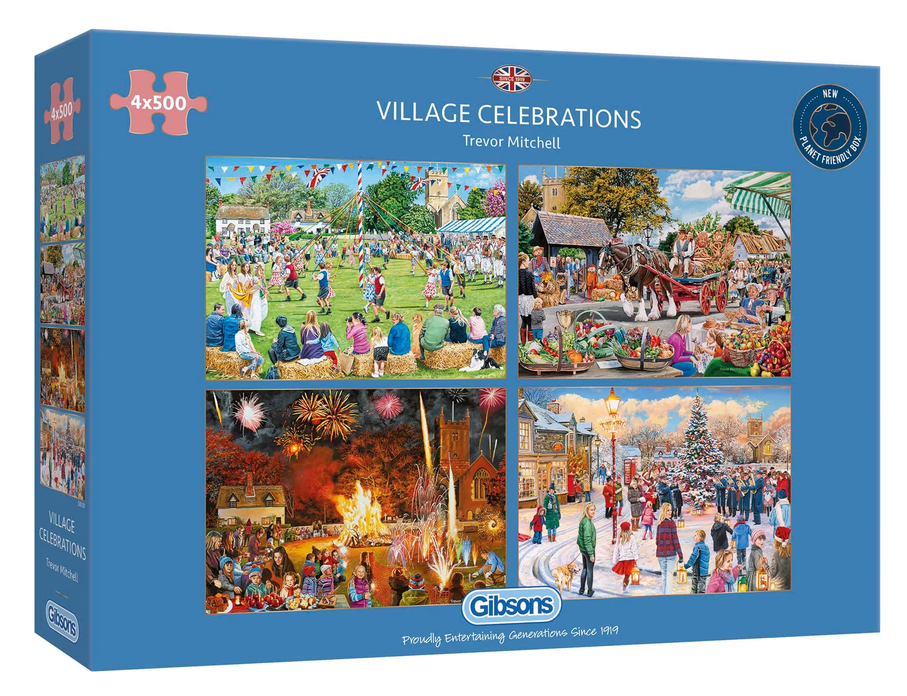 Village Celebrations | 4 x 500 Piece Jigsaw Puzzles | Multi-Box Jigsaw | Sustainable Puzzle for Adults | Premium 100% Recycled Board | Great Gift for Adults | Gibsons Games