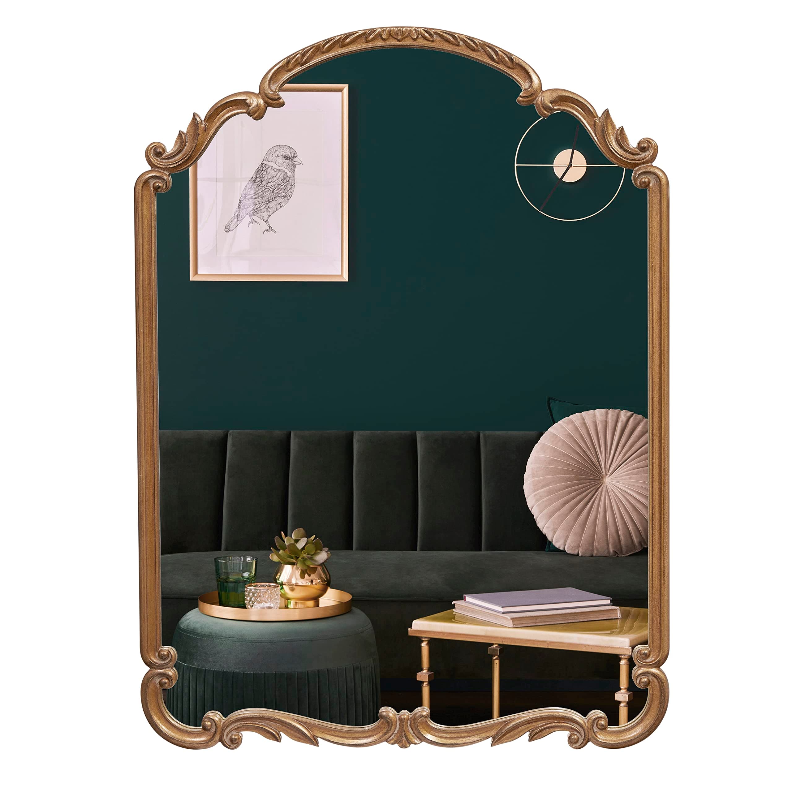 22x30 Inch Antique Scroll Carved Arch Wood Wall Mirror, Antique Gold, Mirror for Entryway, Living Room, Bathroom