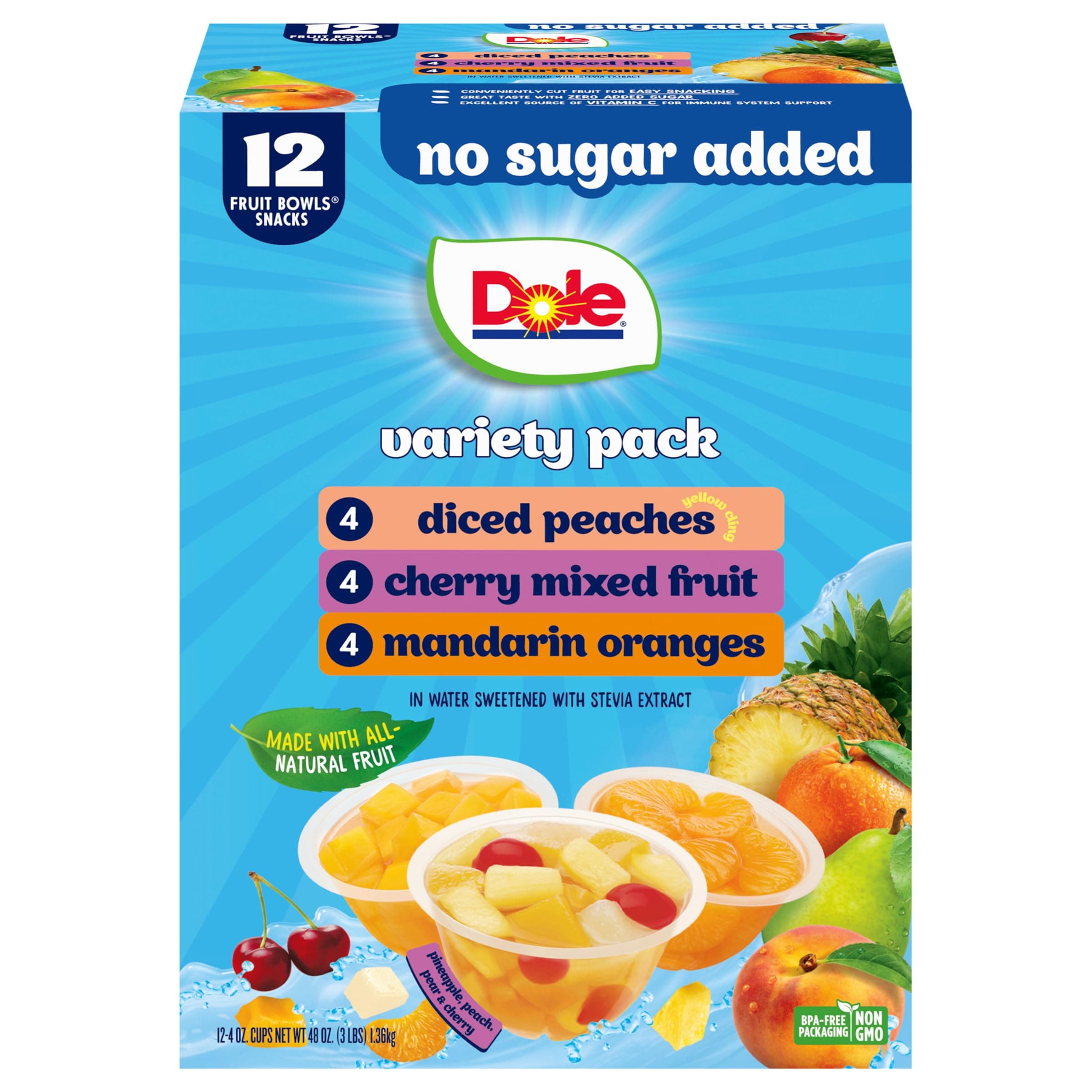 Dole Fruit Bowls No Sugar Added Variety Pack, Peaches, Mandarin Oranges & Cherry Mixed Fruit, Back To School, Gluten Free Snack, 4oz, 12 Cups, Packaging May Vary