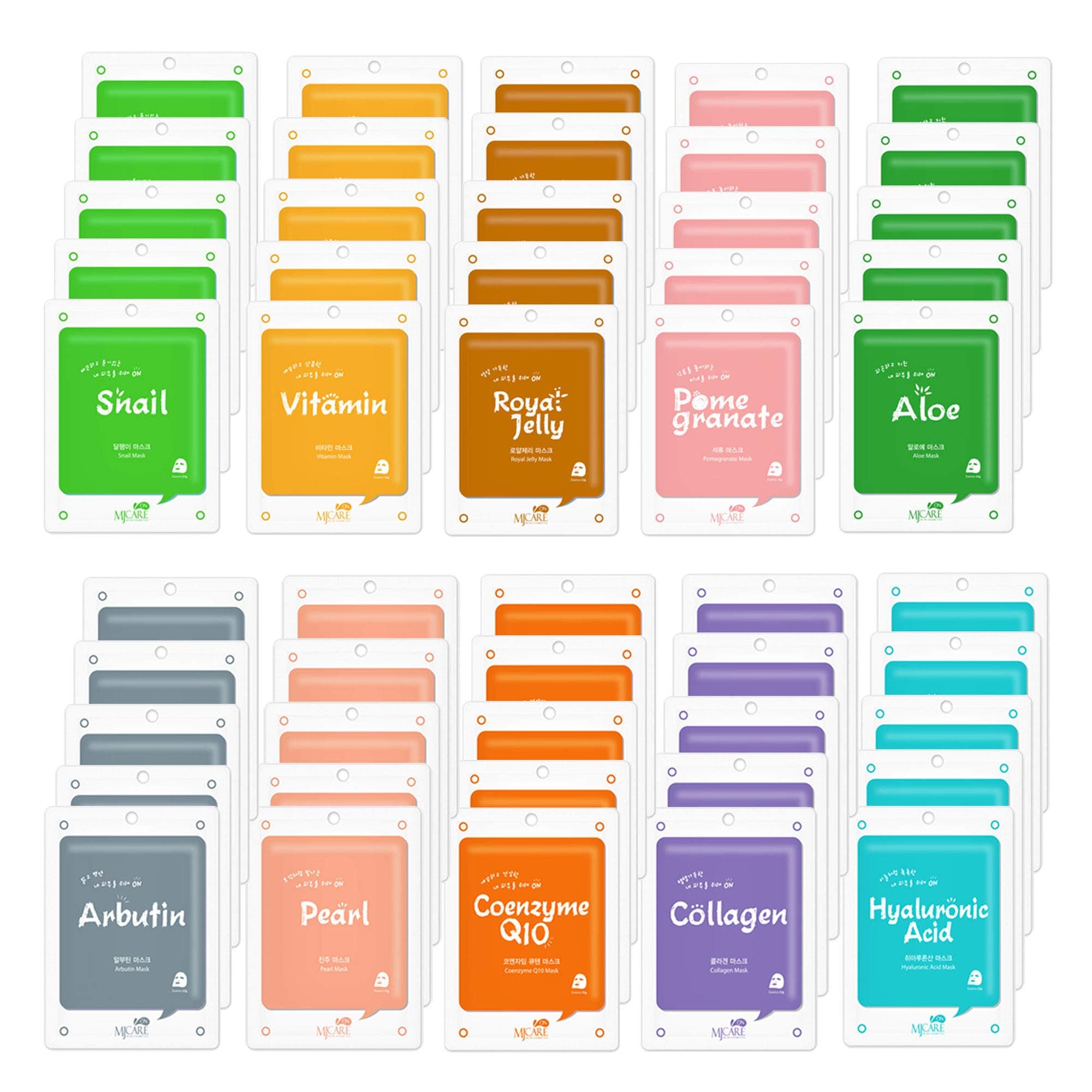 50 Pcs Combo Pack, Korean Collagen Natural Essence Facial Sheet for Every Skin Condition 1 Day 1 Sheet