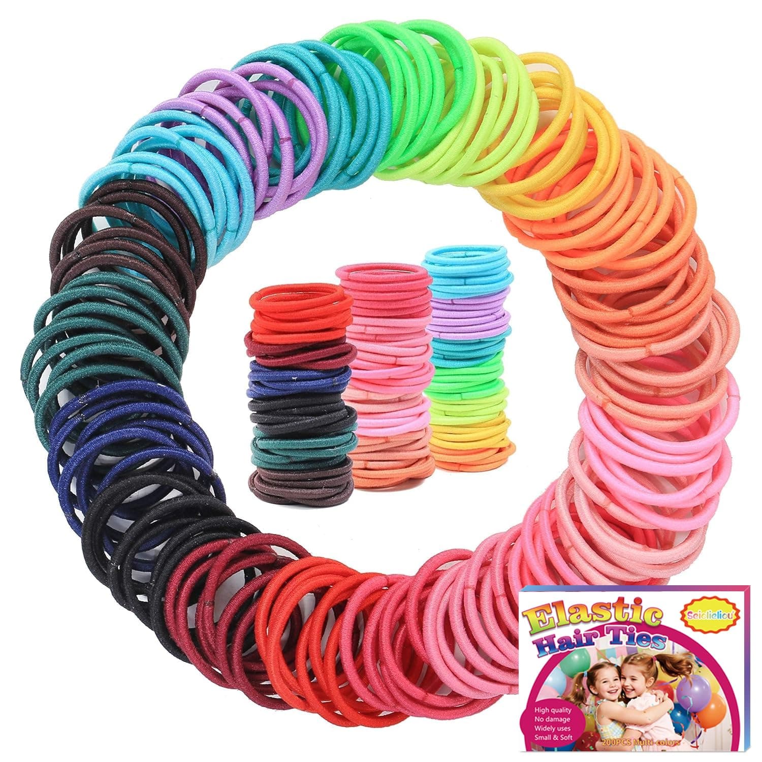 200PCS Elastic Hair Ties for Thin Hair, Small No-Crease Ponytail Holders for Kids Baby Toddler, Multicolor Girl Hair Accessories, Mini Hair Elastic with Storage Box & Colorful Gift Box