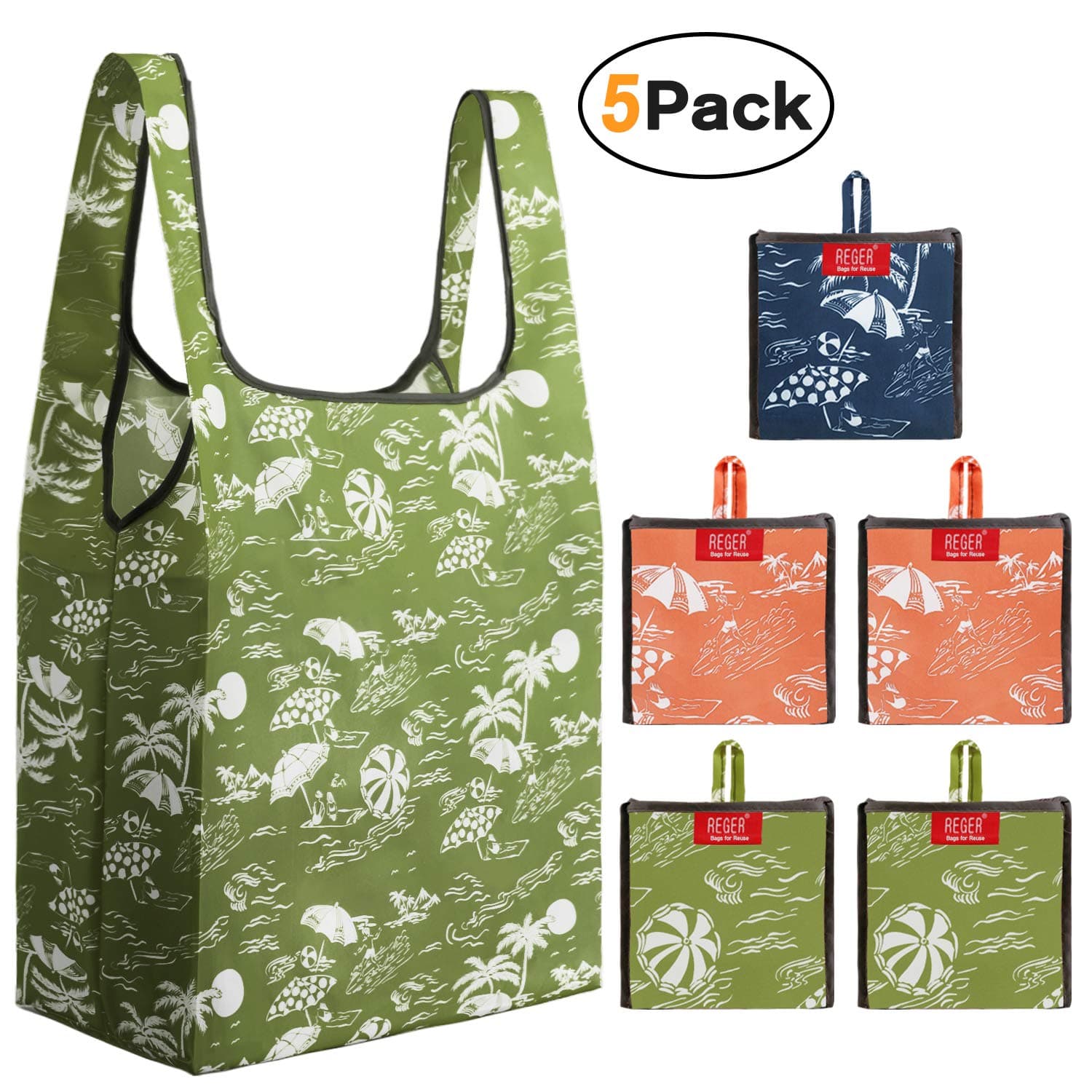 REGER Reusable Grocery Shopping Bags Bulk Pack 5 Foldable Grocery Bags Fit Built-in Pouch 50lbs Ripstop Polyester Grocery Shopping Tote Bags Cute Gift Bag Light Weight Flat Bottom Beach