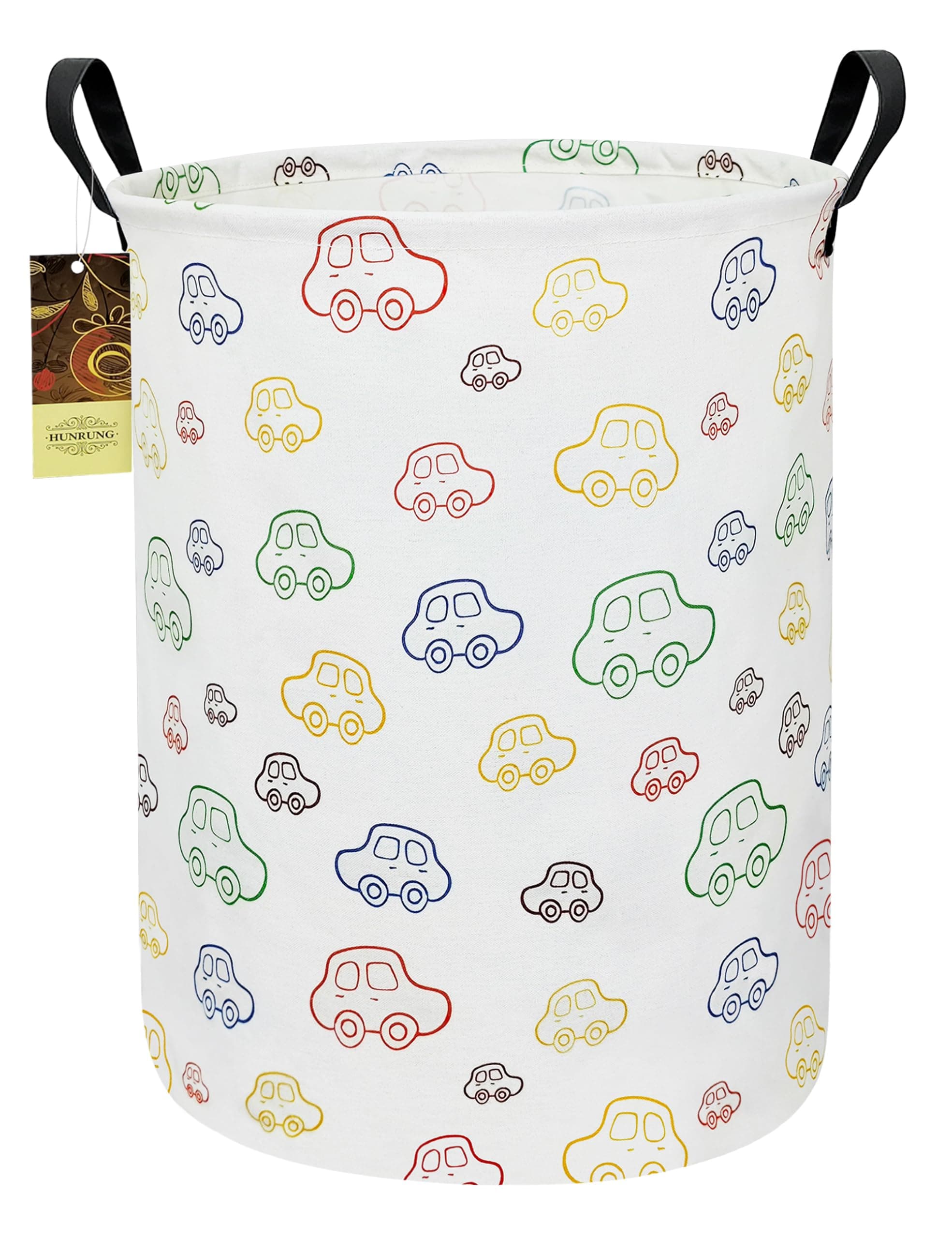 Laundry Hamper,Large Canvas Fabric Lightweight Storage Basket Toy Organizer Dirty Clothes Collapsible Waterproof for College Dorms(Round-Car)