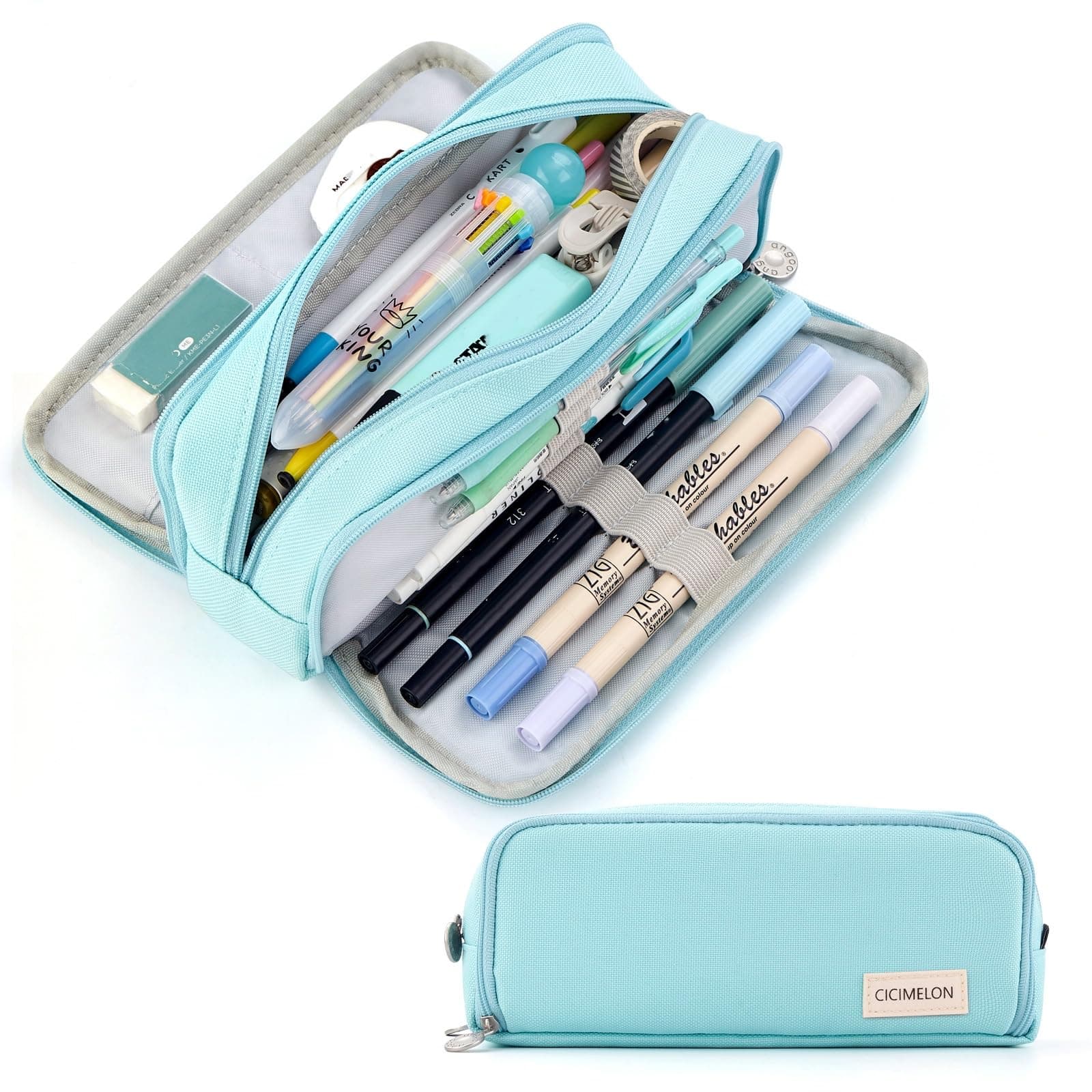 Pencil Case Large Capacity Pencil Pouch 3 Compartments Pencil Bag Gift for Students Girls Adults Women (Light Blue)