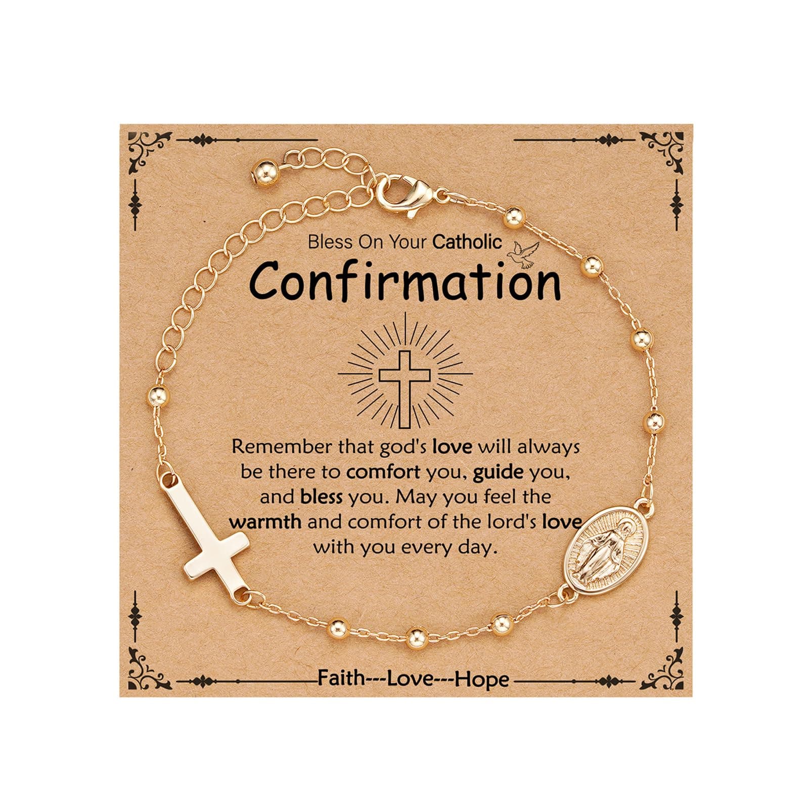 Catholic Gifts for Teen Girls, Rosary Beads Virgin Mary Cross Charm Link Chain Bracelet Religious Baptism First Communion Confirmation Birthday Jewelry Gifts for Girls Daughter Granddaughter