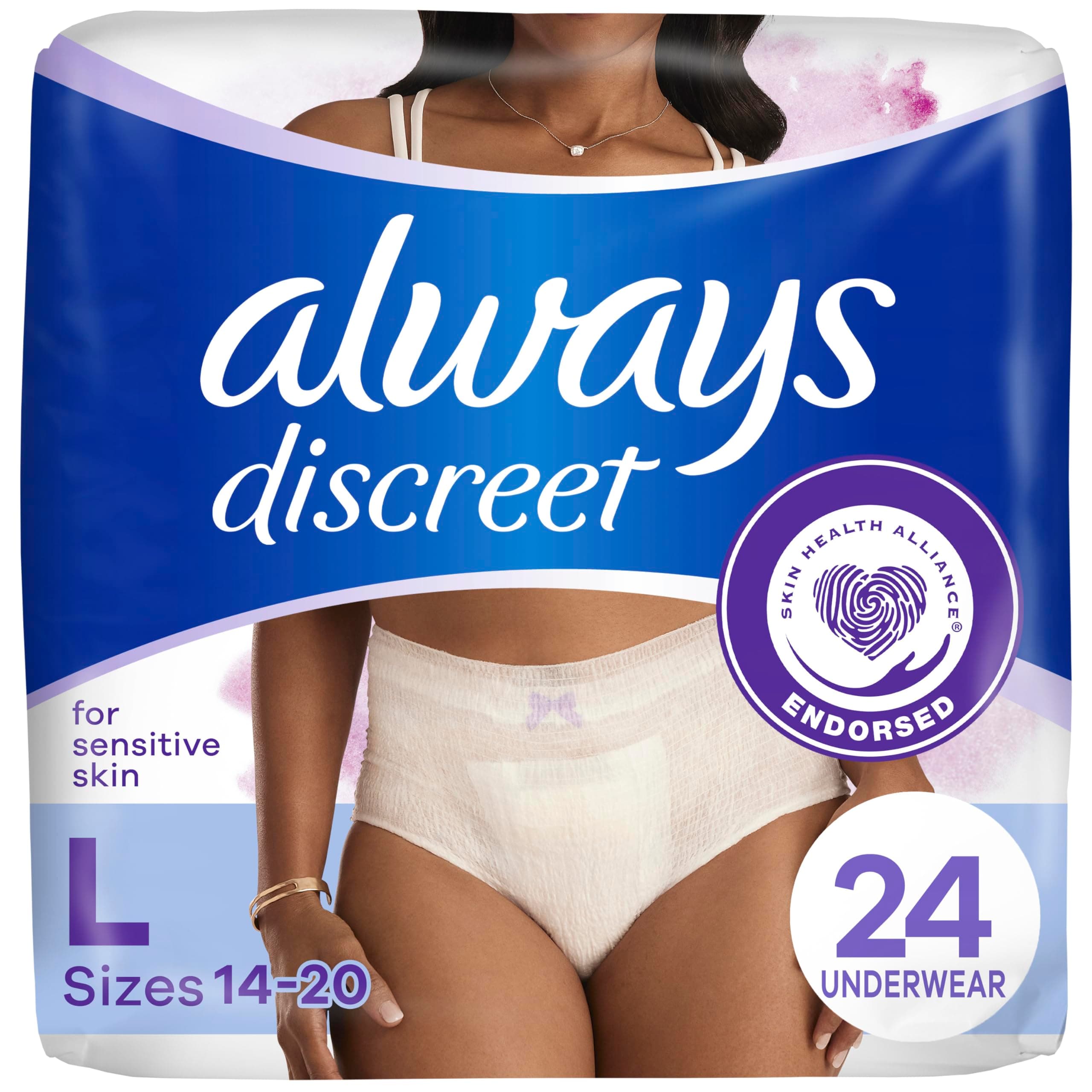 Always inconspicuous for sensitive skin 4 times skin protection Dermatologically tested Unscented Maximum Absorbency L 24CT