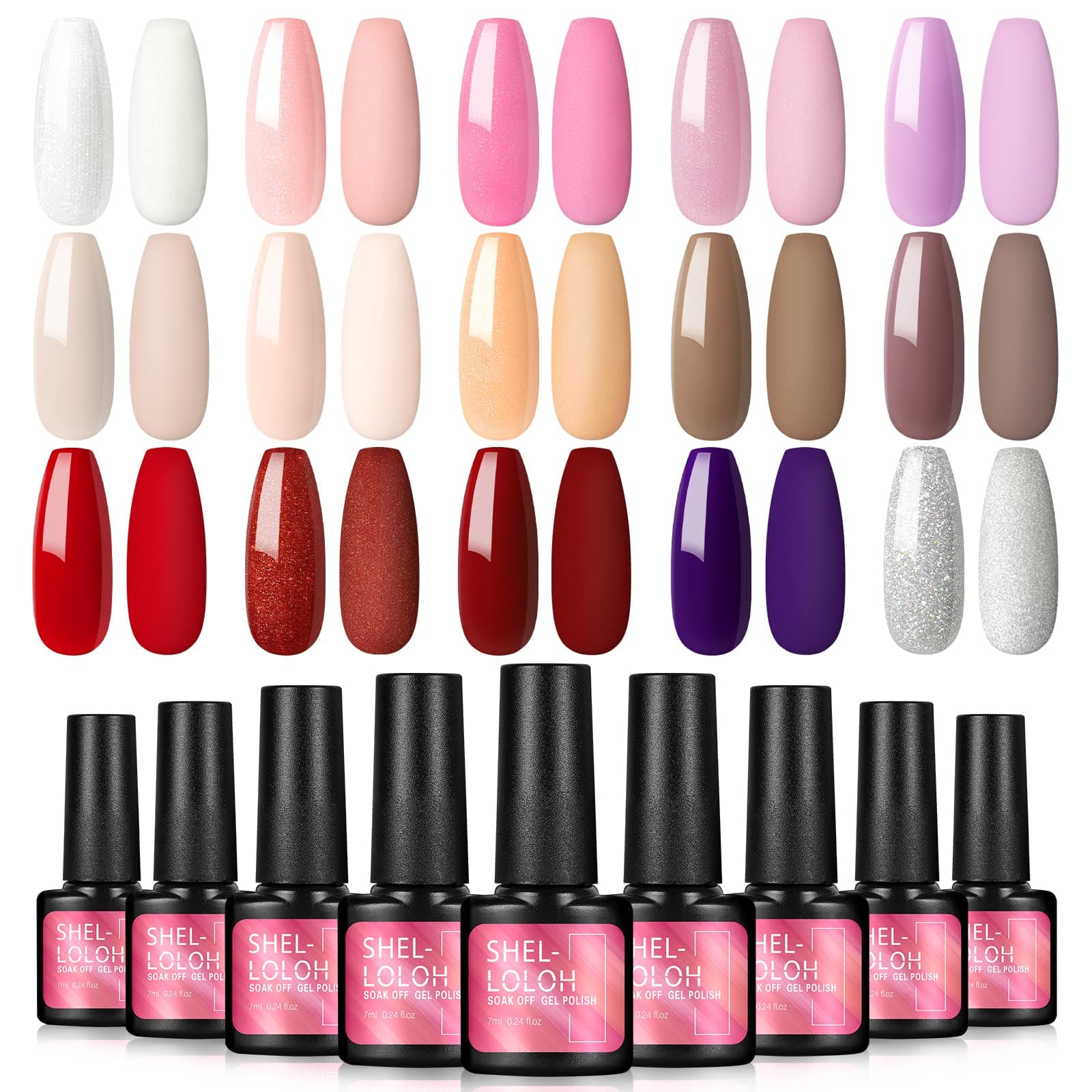 Shelloloh Gel Nail Polish Set 15Pcs Pink Red White Glitter Nail Gel Polish Set 7ml U V LED Gel Polish Nail Art Starter Kit for Beginner Holiday Gifts Long Lasting