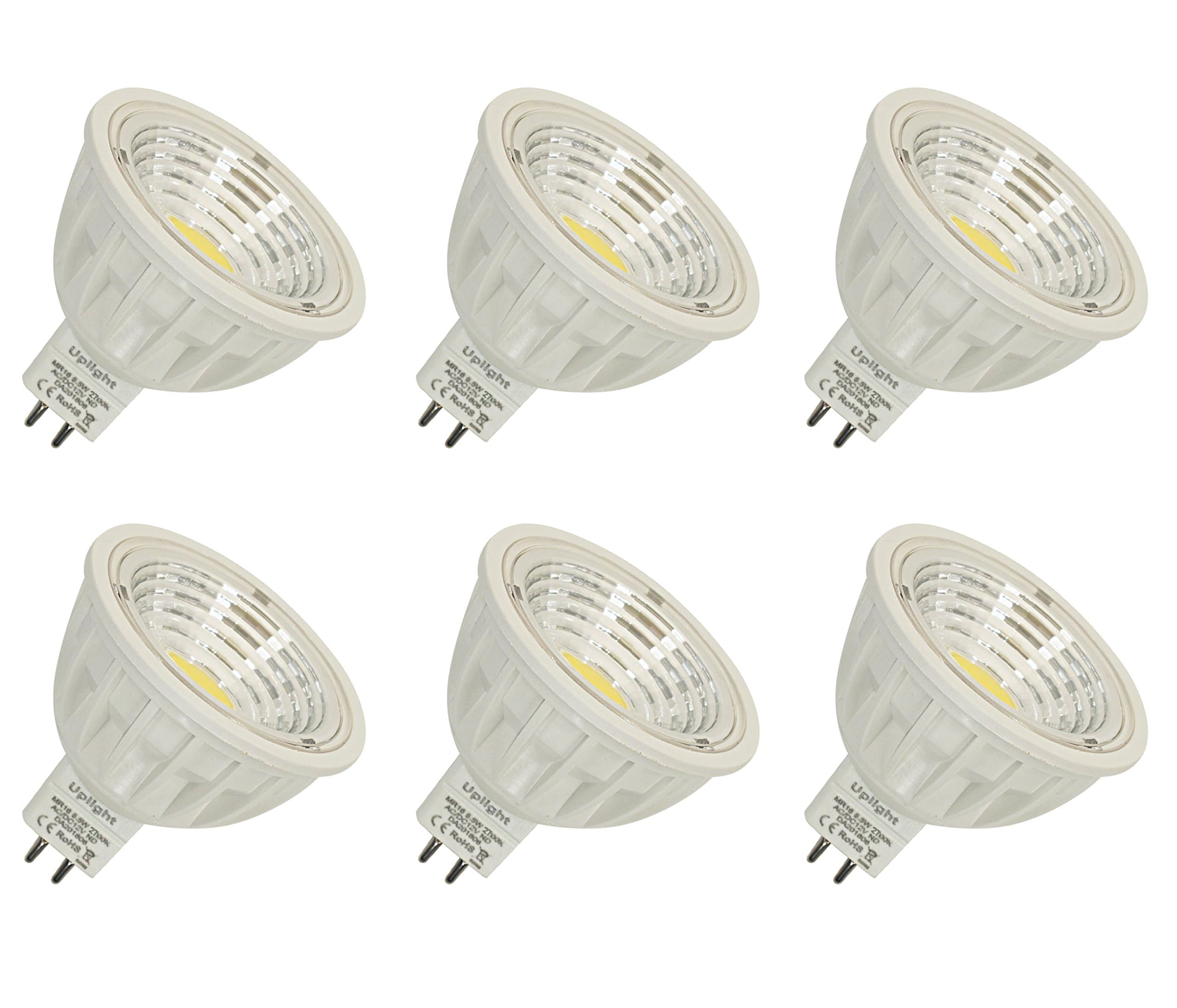 5.5W MR16 LED Bulbs GU5.3 COB Spotlight 50W-60W Halogen Light Equivalent,2700K Warm White Not Dimmable RA90,AC/DC12V 550LM,Recessed Lighting,Spotlights,90 Degree Beam Angle,6 Packs.