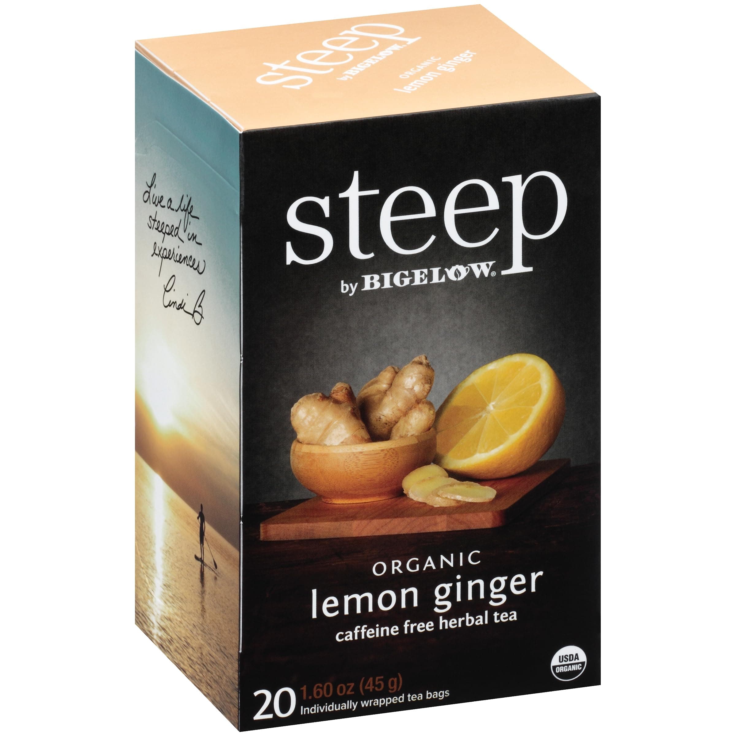 Steep by Bigelow Organic Lemon Ginger Caffeine Free Herbal Tea, 20 Count, 1.60 oz, (Pack of 6)
