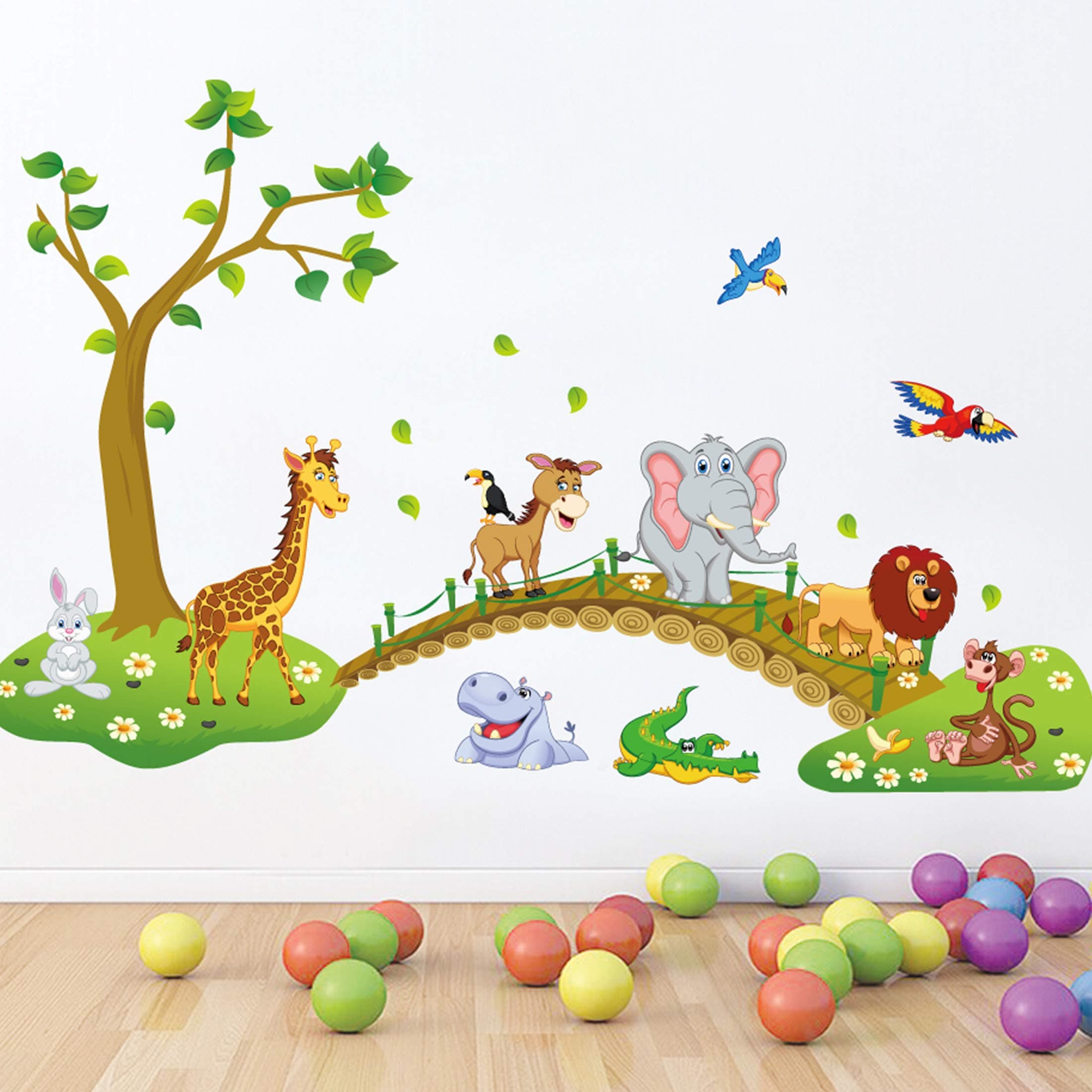 Ampire Wall Stickers Animals Cartoon Jungle Friends Over Bridge Nursery School Decals (69AM1041) (140 cm x 1 cm x 90 cm)