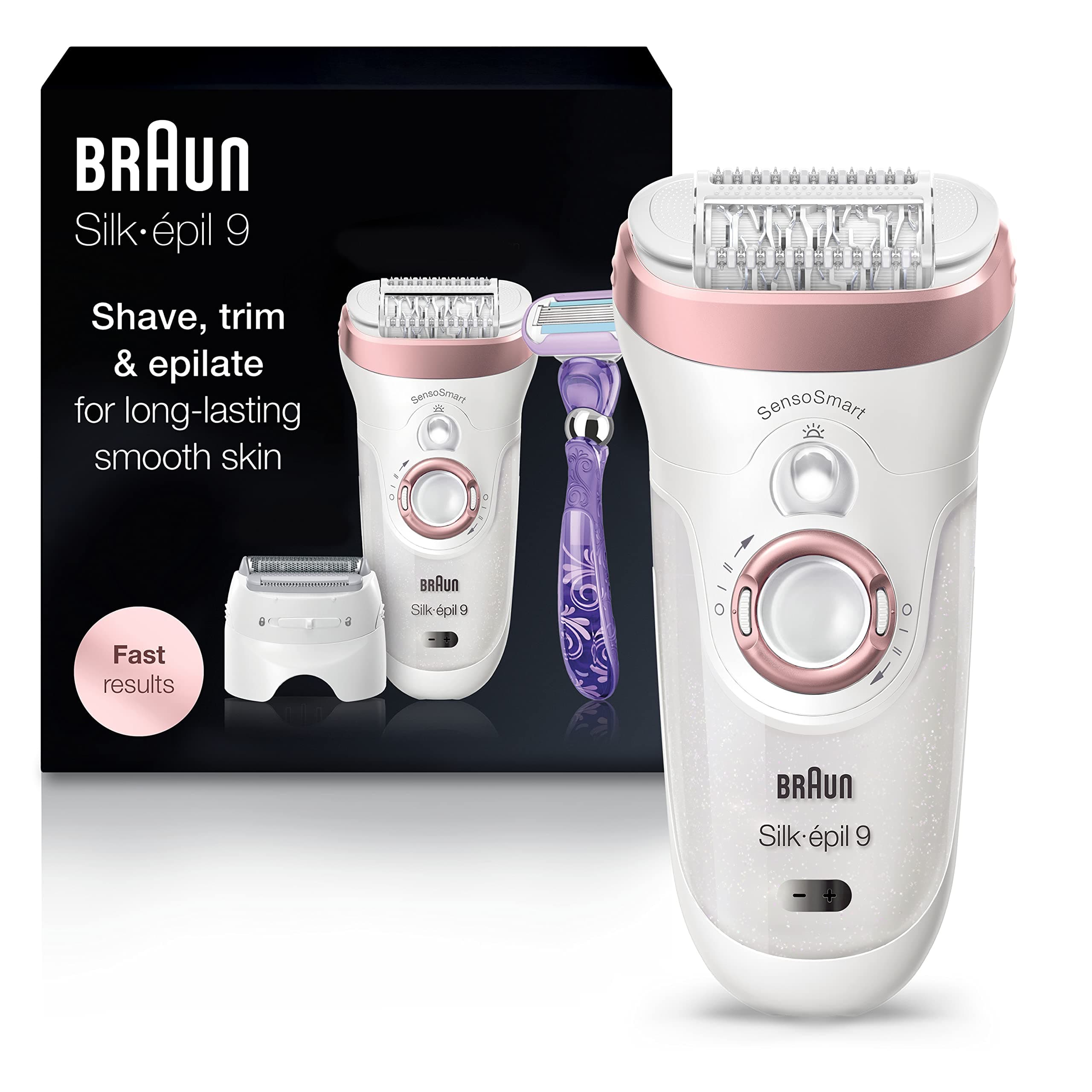 Braun Epilator for Women, Silk-épil 9 9-870 for Hair Removal, Wet & Dry, Facial Hair Remover, Women Shaver & Trimmer, Cordless, Rechargeable, with Venus Extra Smooth Razor, White/Rose Gold