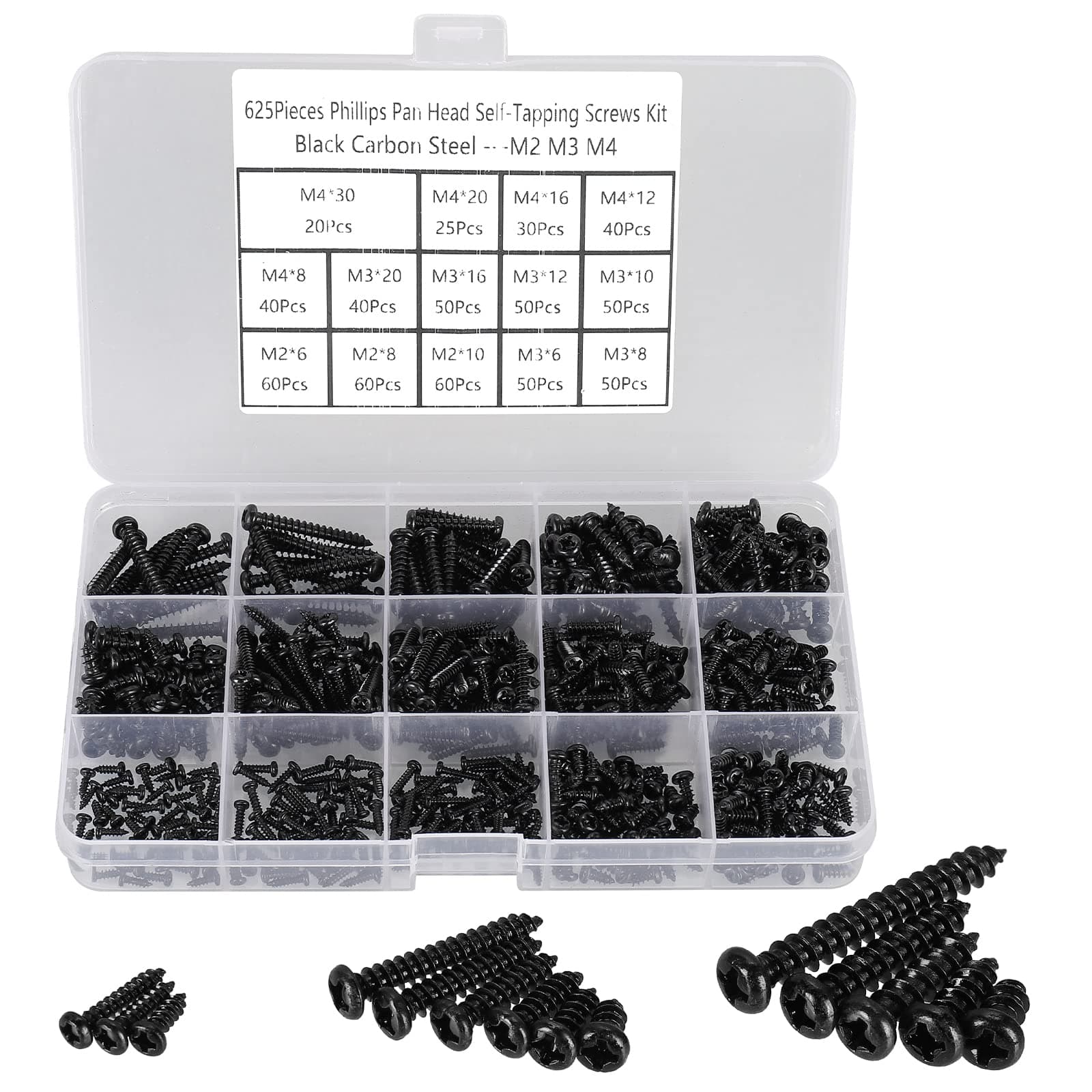 HanTof 625pcs M2 M3 M4 Phillips Pan Head Self-Tapping Wood Screws,14 Sizes Cross Recessed Round Head Self Tapper Screws Assortment Kit for Wood,Plastic and Soft Metal,Black Carbon Steel,Sharp Point
