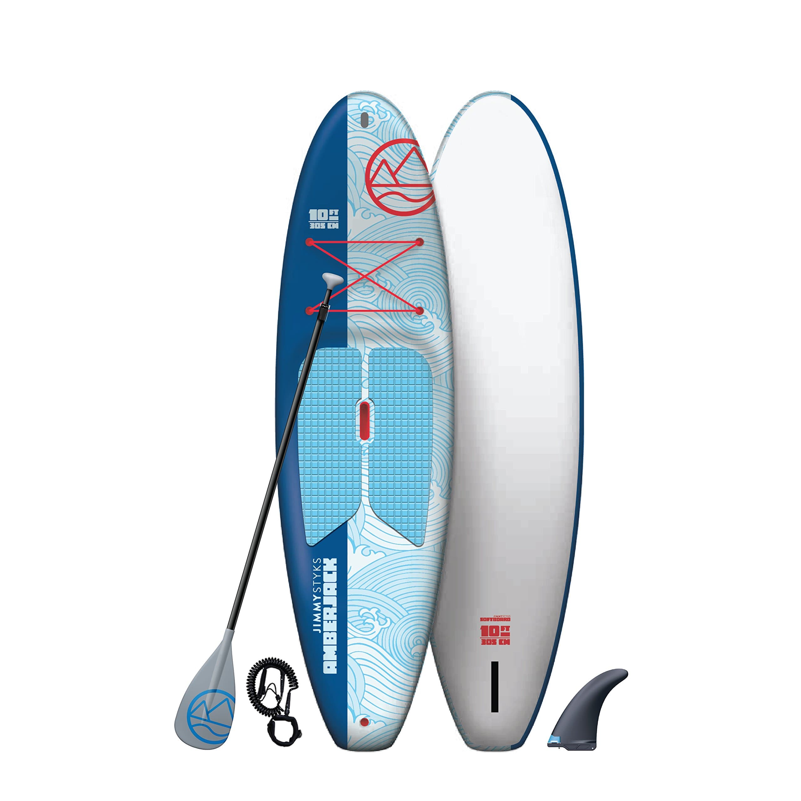 Jimmy Styks Amberjack Soft Top Stand Up Paddle Board Blue & White 10' Long 32.5" Wide 5.2" Thick | All Around SUP | Includes Click-N-Go Key-Less Fin, Leash and Adjustable Paddle