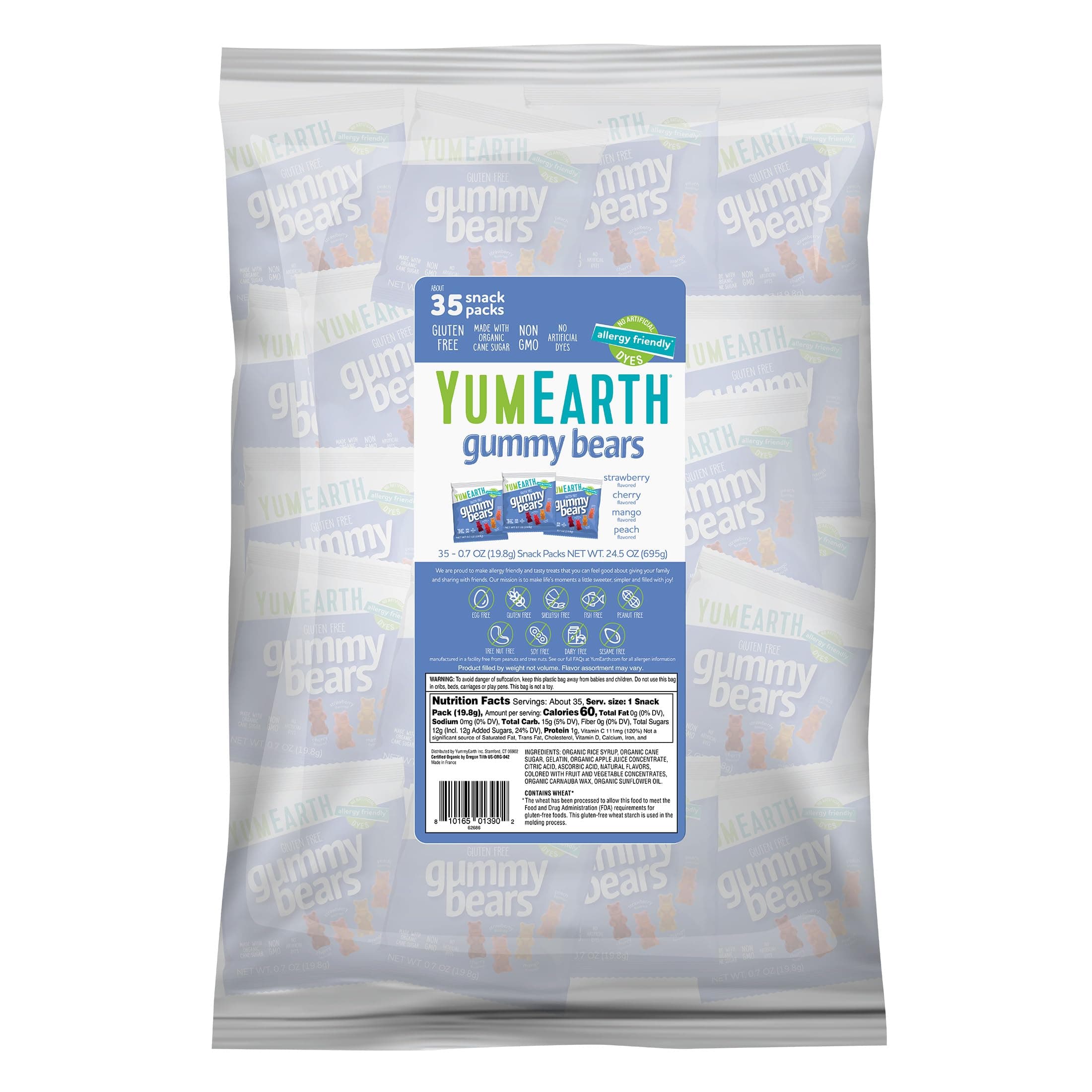YumEarth Organic Gummy Bears - Fruity Gummy Candy Snack Packs, Gluten Free Snacks for Kids - Allergy Friendly, Non-GMO, No Artificial Dyes - Assorted Flavors, 0.7 oz. (Pack of 35)
