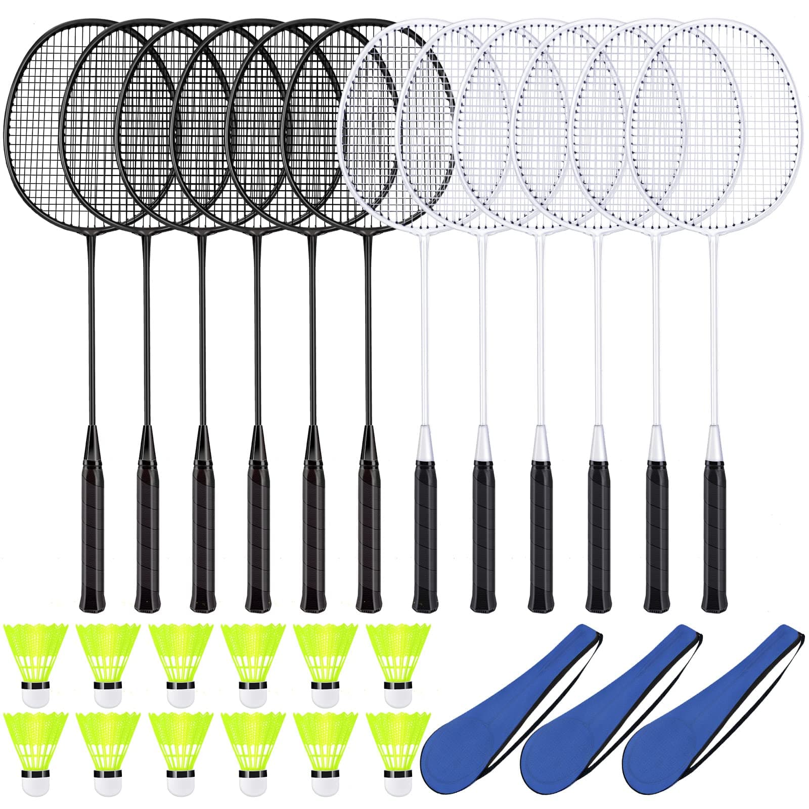 - 12 Pack Badminton Rackets Set Including Badminton Racquets, Nylon Shuttlecocks and Carry Bag for Outdoor Backyard Games Beginners