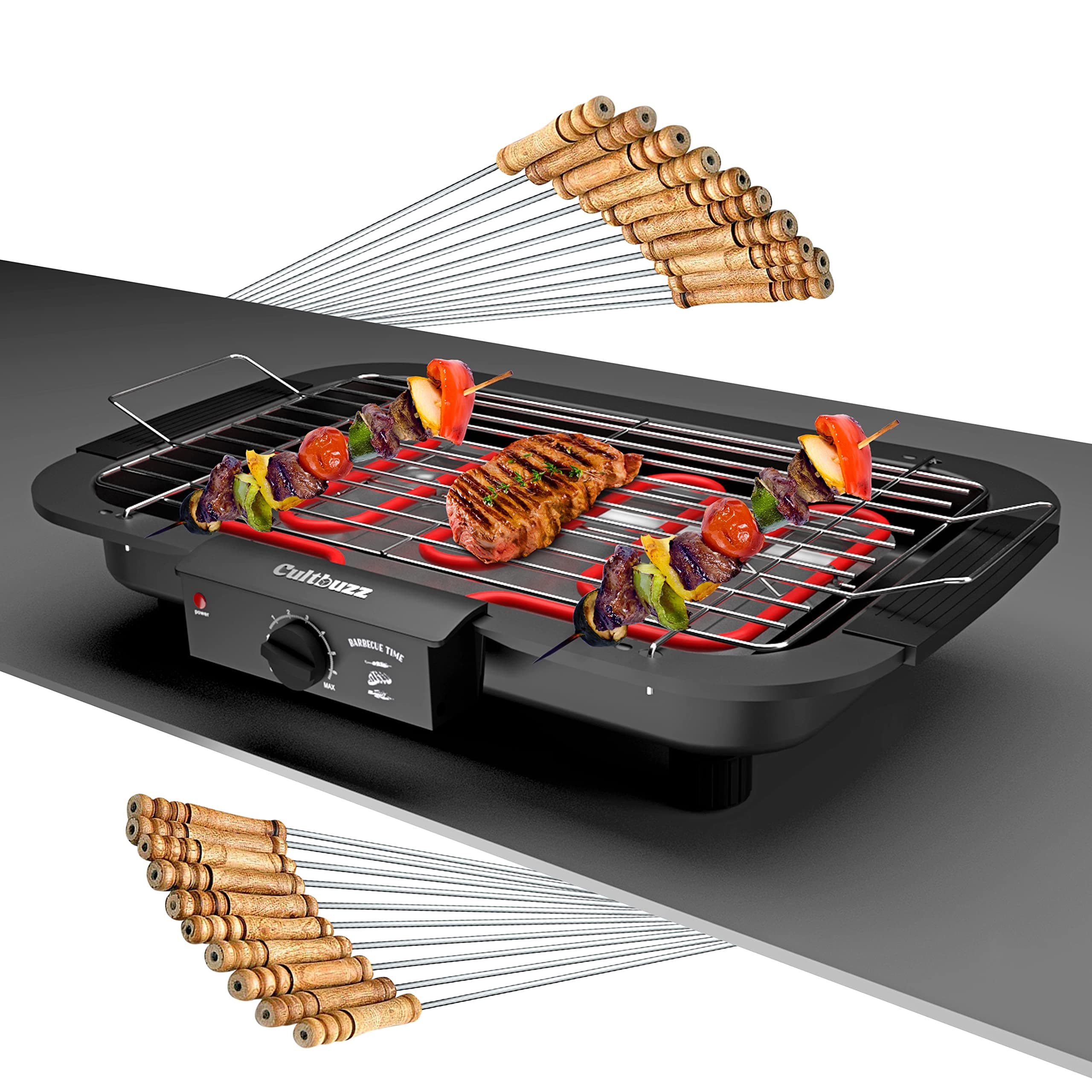 2000 Watt Electric Barbecue Grill Smokeless Portable Adjustable Temperature Control Indoor and Outdoor barbeque grill for home Removable Water Filled Drip Tray (BBQ With 12 Skewers)