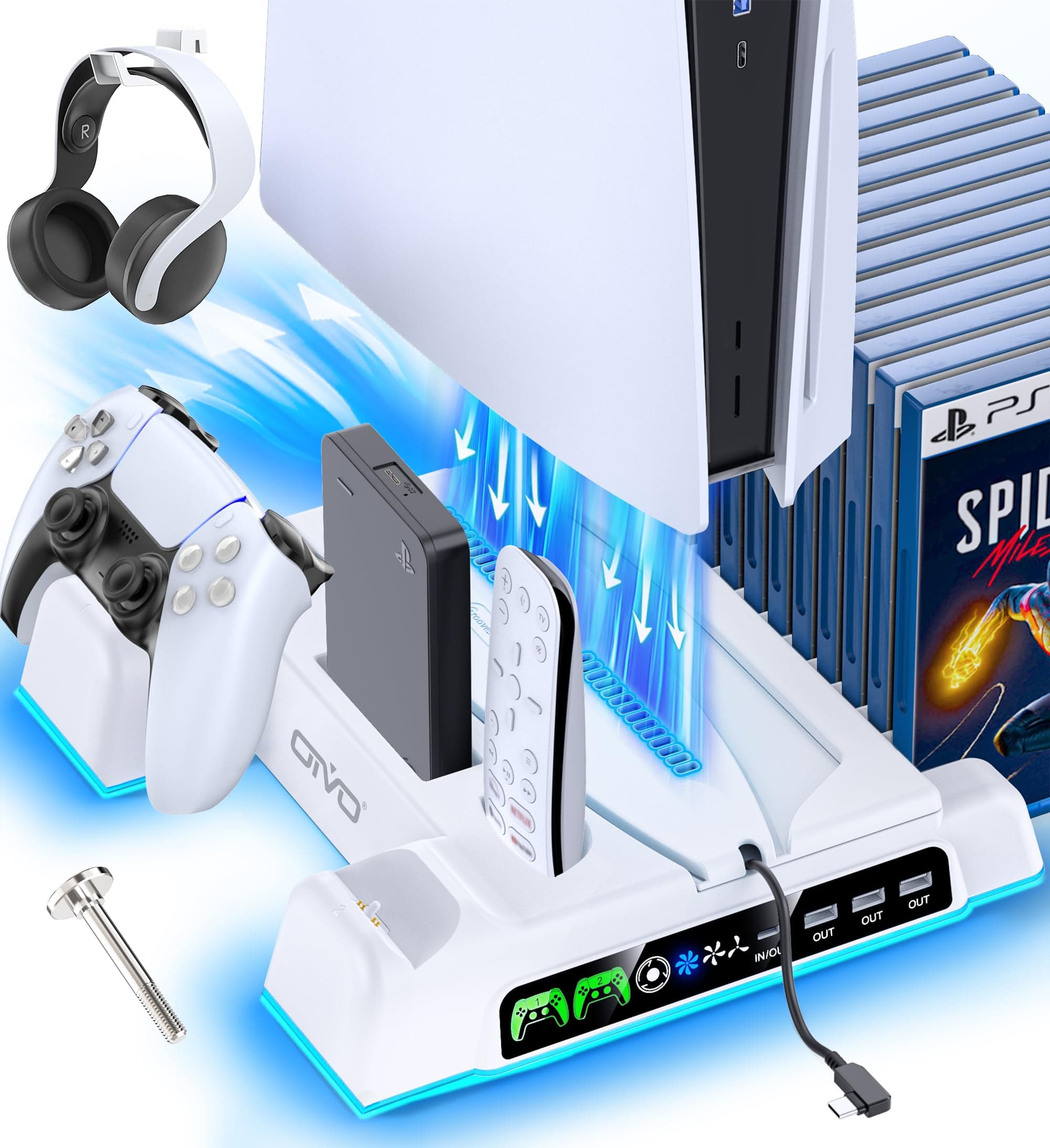 PS5 / PS5 Slim Stand and Cooling Station with LED Controller Charging Station...