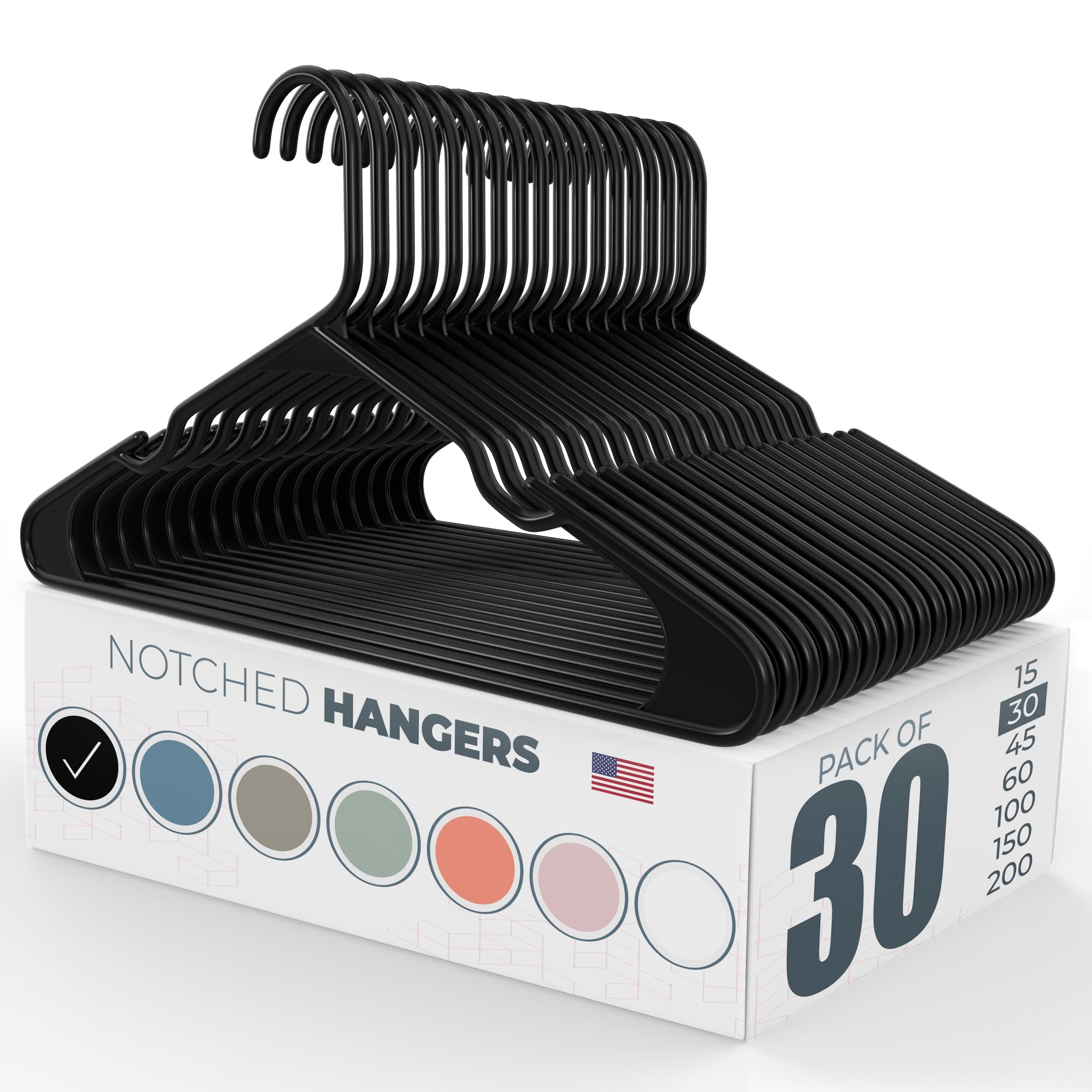 30pk Made in USA Plastic Clothes Hangers Bulk | 20 30 50 100 Pack Available | Laundry Clothes Hanger | Coat Hangers Plastic | Heavy Duty Plastic Hanger for Closet Hangars | Mainstays Hangers (Black)