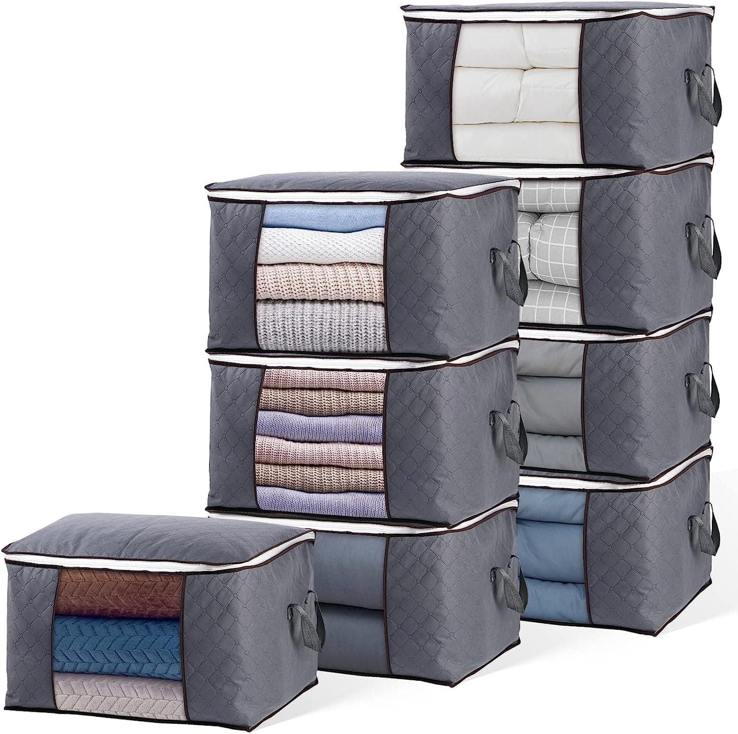 8 Pack 60X40cm Large Storage Bags, 90L Foldable Closet Organizer with Reinforced Handle, Moving Bags with Sturdy Zipper & Clear Window, Clothes Storage Bins for Clothing, Comforters, Blankets (Grey)