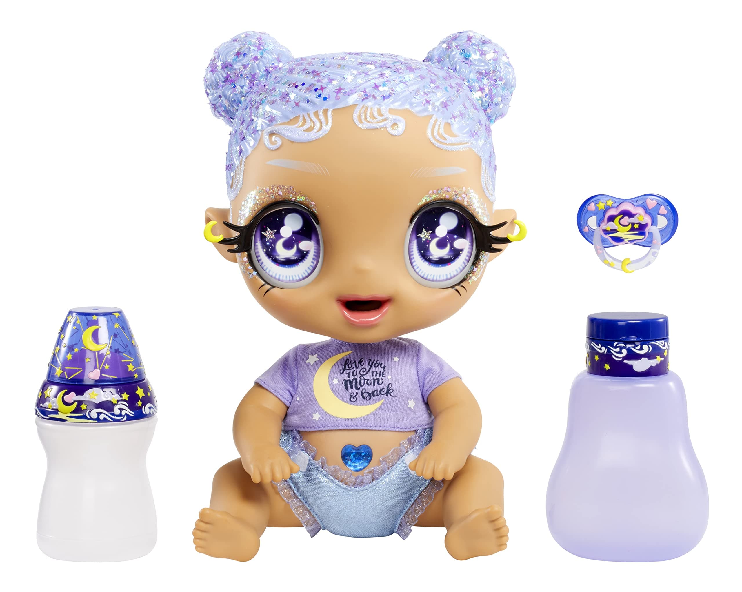 MGA Entertainment Glitter Babyz Selena Stargazer Baby Doll 3 Magical Color Changes, Pastel Purple Glitter Hair, Moon & Stars Outfit, Diaper, Bottle, Pacifier Accessories Gift for Kids, Ages 3 4 5+