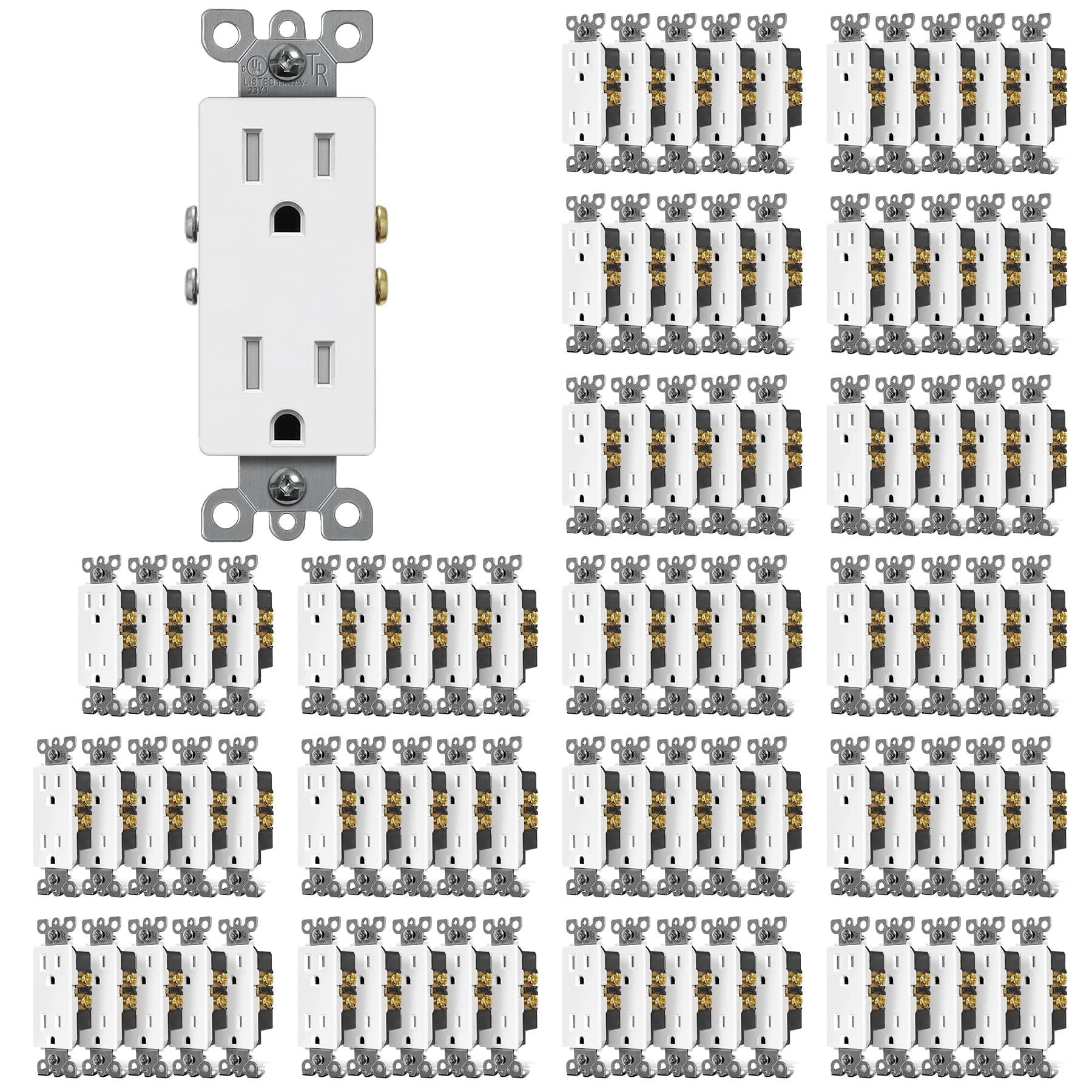 (100 Pack) CML 15 Amp Decor Wall Receptacle Outlet, Child-Safe Tamper Resistant (TR), 15A/125V, Standard Decorator Electrical Outlet, UL Listed, White