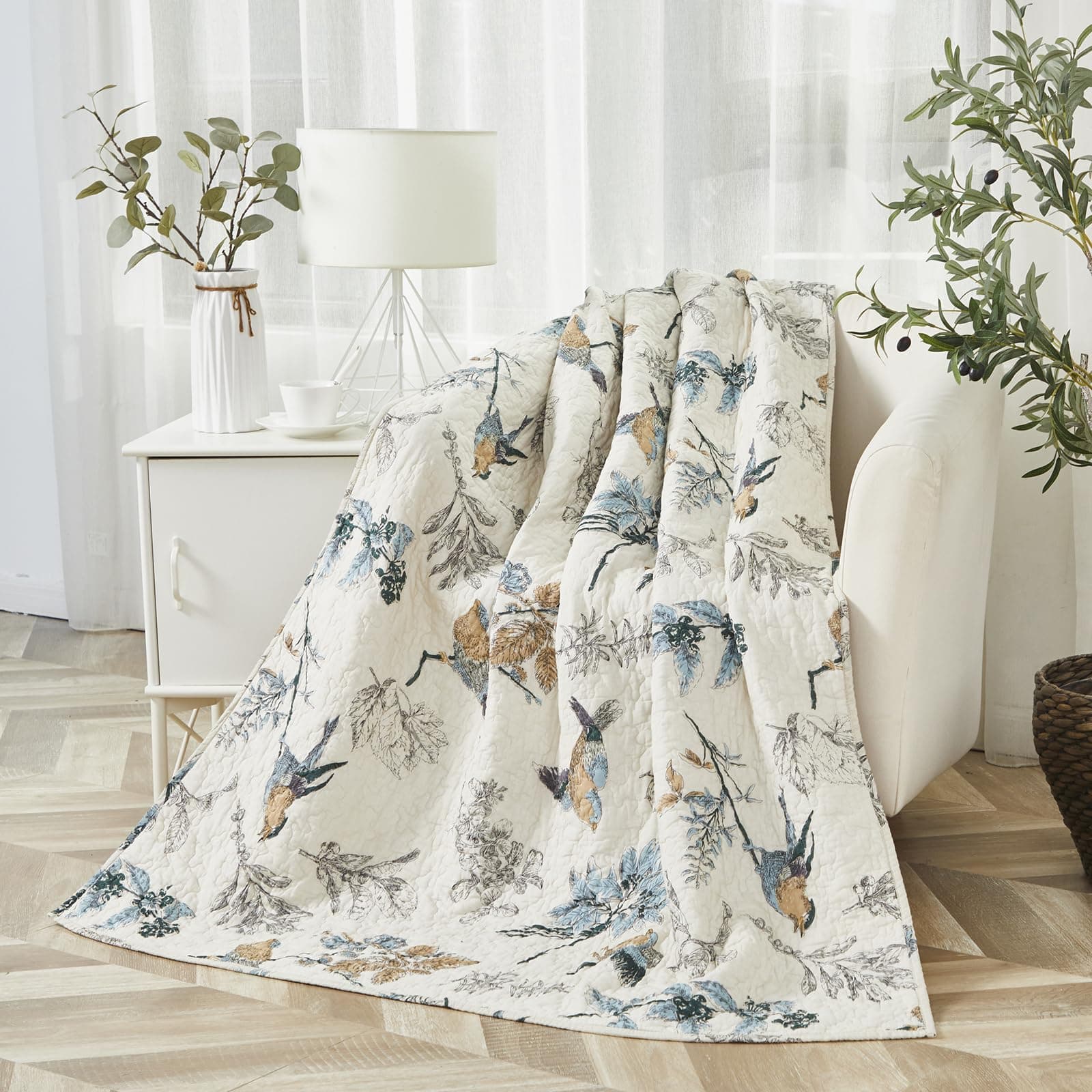 Brandream Beige American Country Quilted Throw Blanket Cotton Birds Printing Throw Quilt 47 X 60 Inch