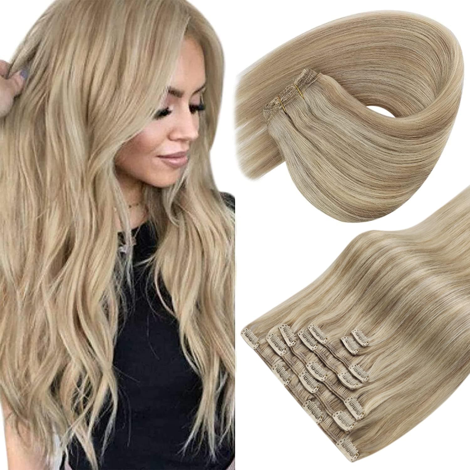 Sunny Hair Clip in Hair Extensions Real Human Hair 120g Remy Hair Clip in Extensions for Women Human Hair Extensions Dark Golden Blonde Highlights Light Blonde 18 Inch