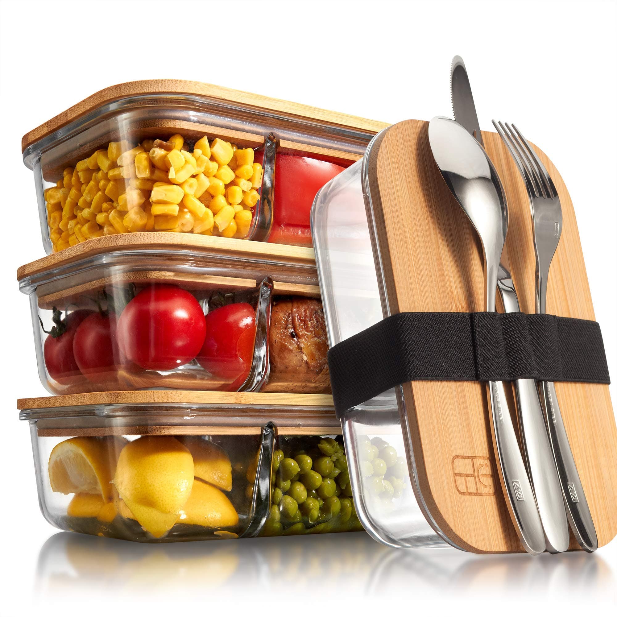 Bento Boxes for Adults 3 Compartments – Set of 3 with Cutlery Bands | Divided Glass Meal Prep Containers with Lids of Bamboo | Reusable Food Prep Lunch Portion Control Bento Box for Adult