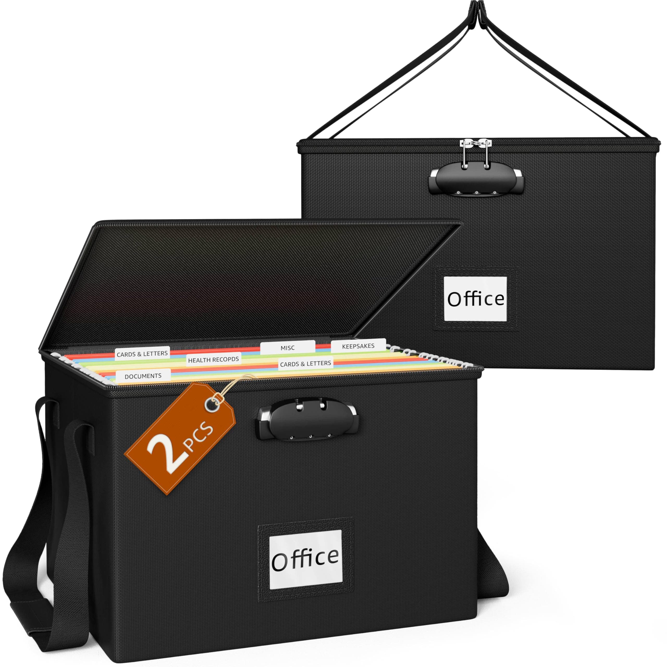 ROSONG Portable File Box with Handle and Lock - 2 Pack Hanging File Folder Box with Lid, Locking Document Bag, Filing Storage Organizer document safe box for Letter Size