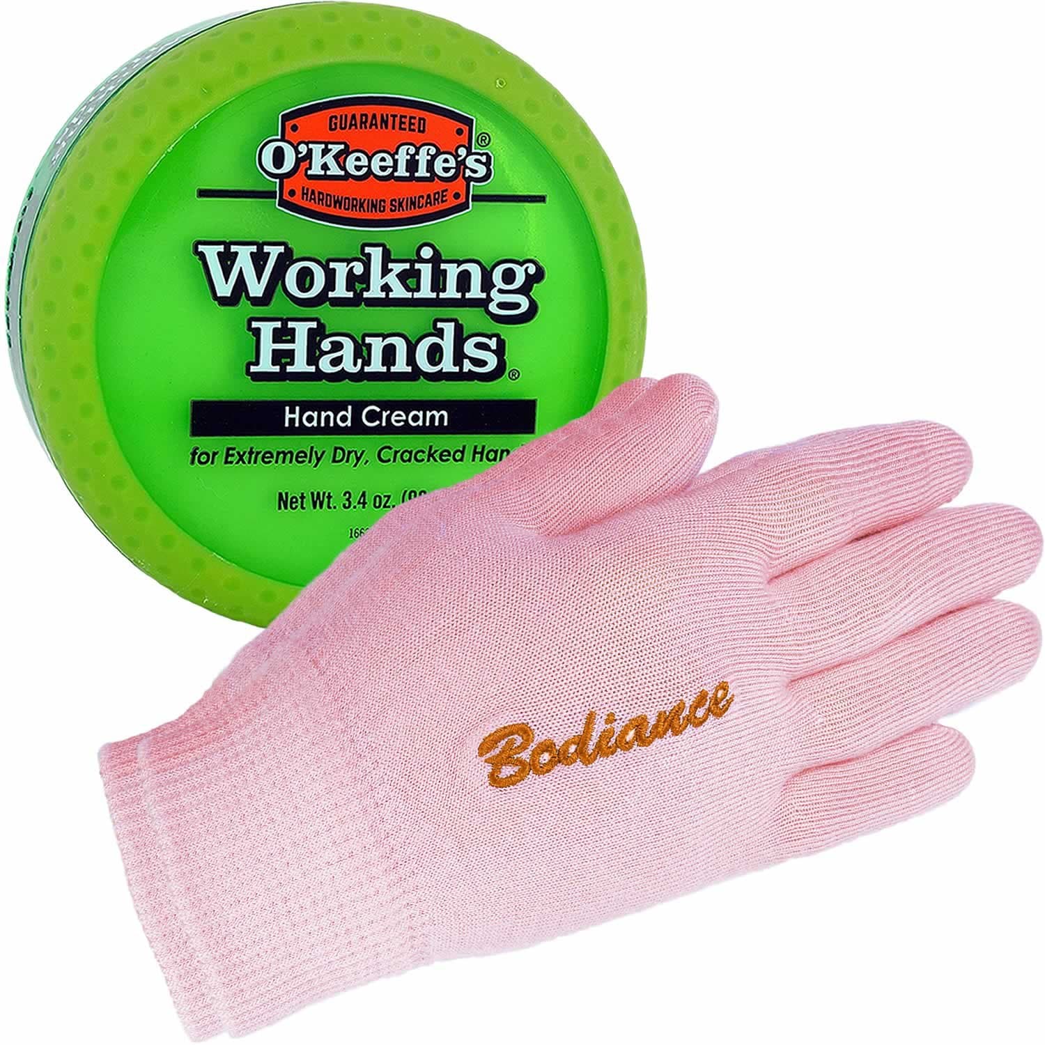 Hand Cream for Dry Cracked Hands Repair Gloves Bundle - Working Hands Cream O'Keeffe's, Odorless, Non Greasy, 3.2 oz, Dry Hand Treatment Gel Gloves, Pink, Unscented, 1 pair