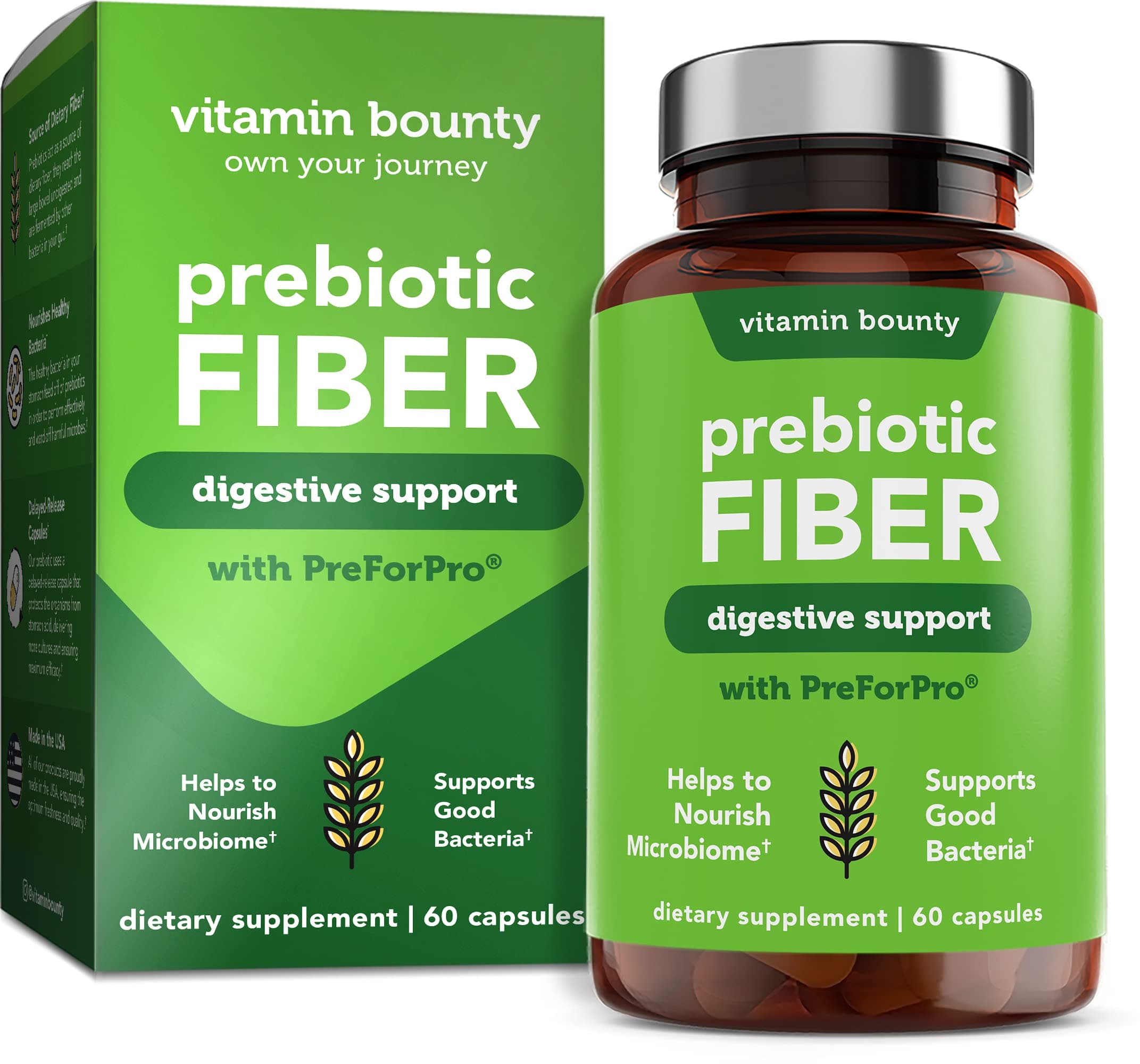 Vitamin Bounty Prebiotic Capsules - PreforPro® Prebiotics Supplement for Women & Men Digestive Health & Advanced Gut Health – No Fiber, No Bloating – Boosts Probiotic Effectiveness – 60 Vegan Cap
